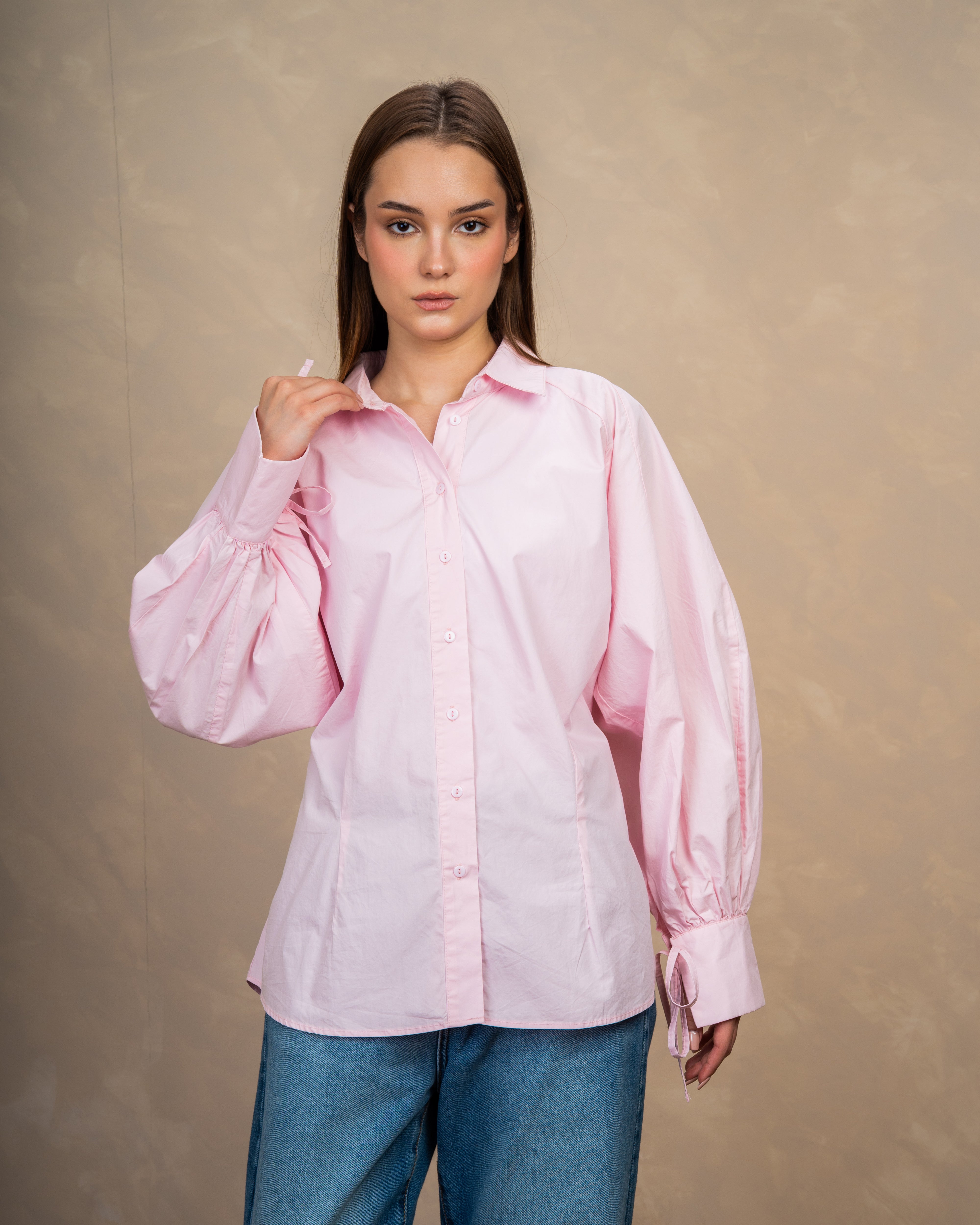 Plain Shirt With Waist Tie And Tie Cuffs