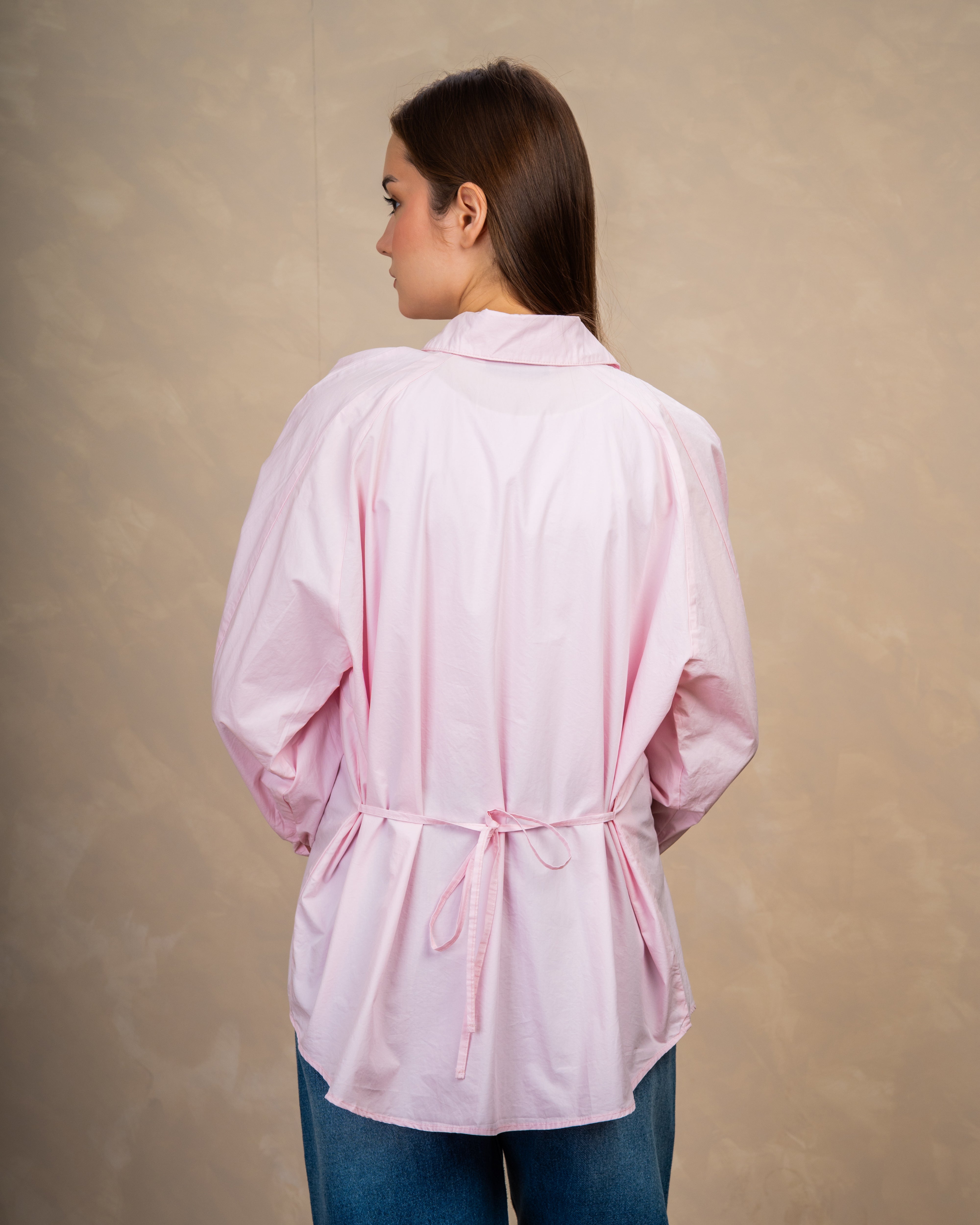 Plain Shirt With Waist Tie And Tie Cuffs