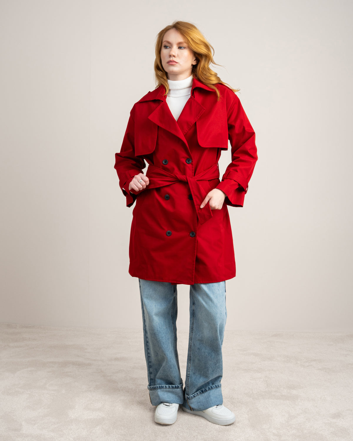 Long Gabardine Jacket - With Belt And Pockets