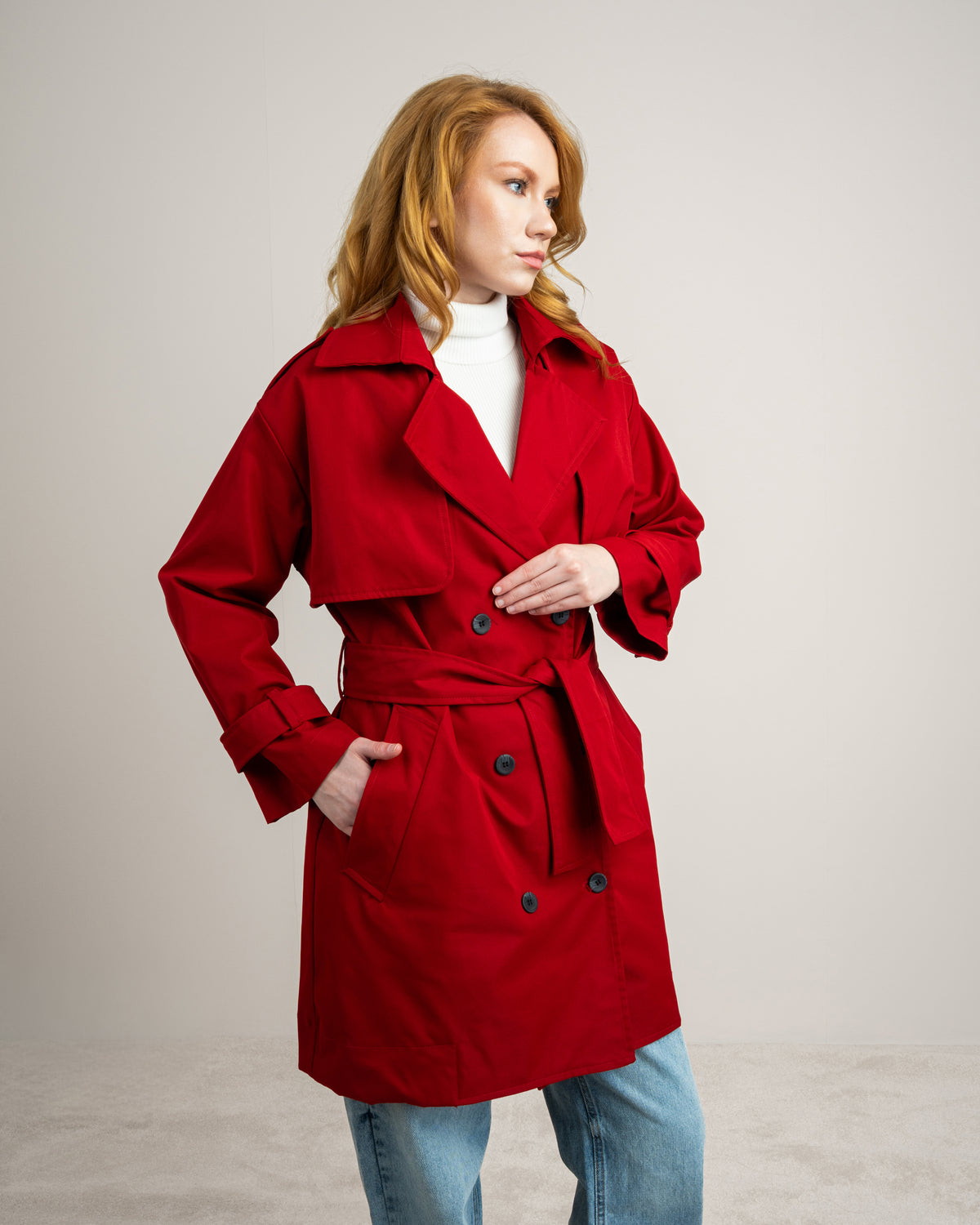 Long Gabardine Jacket - With Belt And Pockets