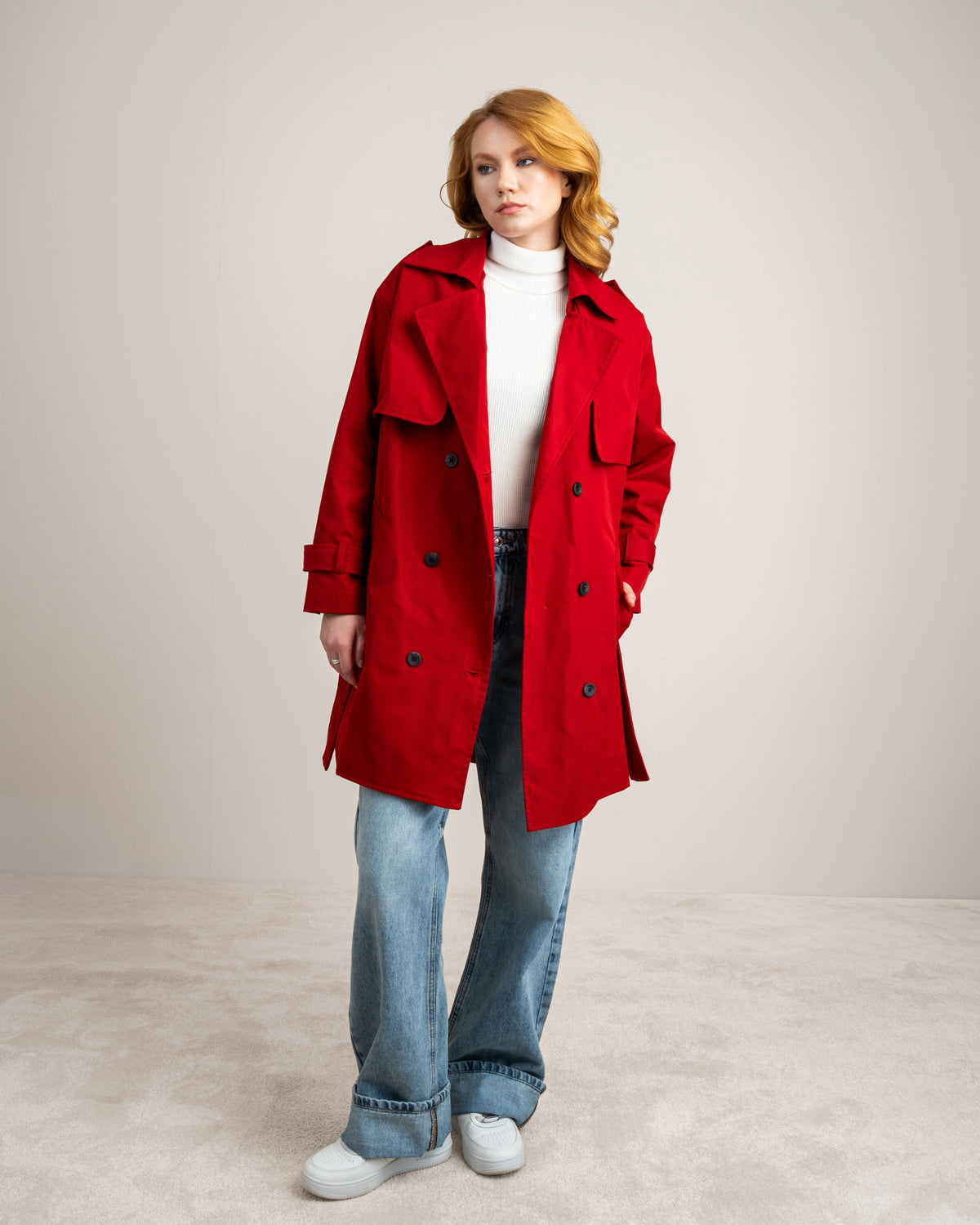 Long Gabardine Jacket - With Belt And Pockets