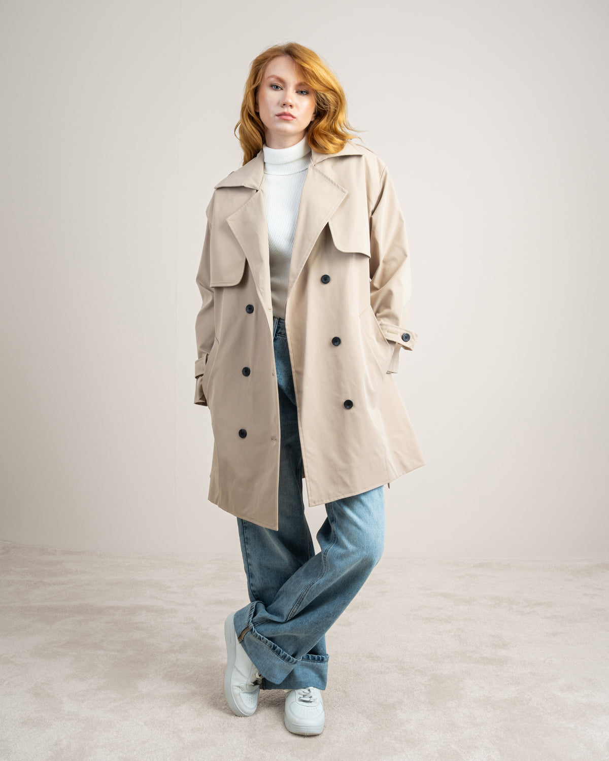 Long Gabardine Jacket - With Belt And Pockets