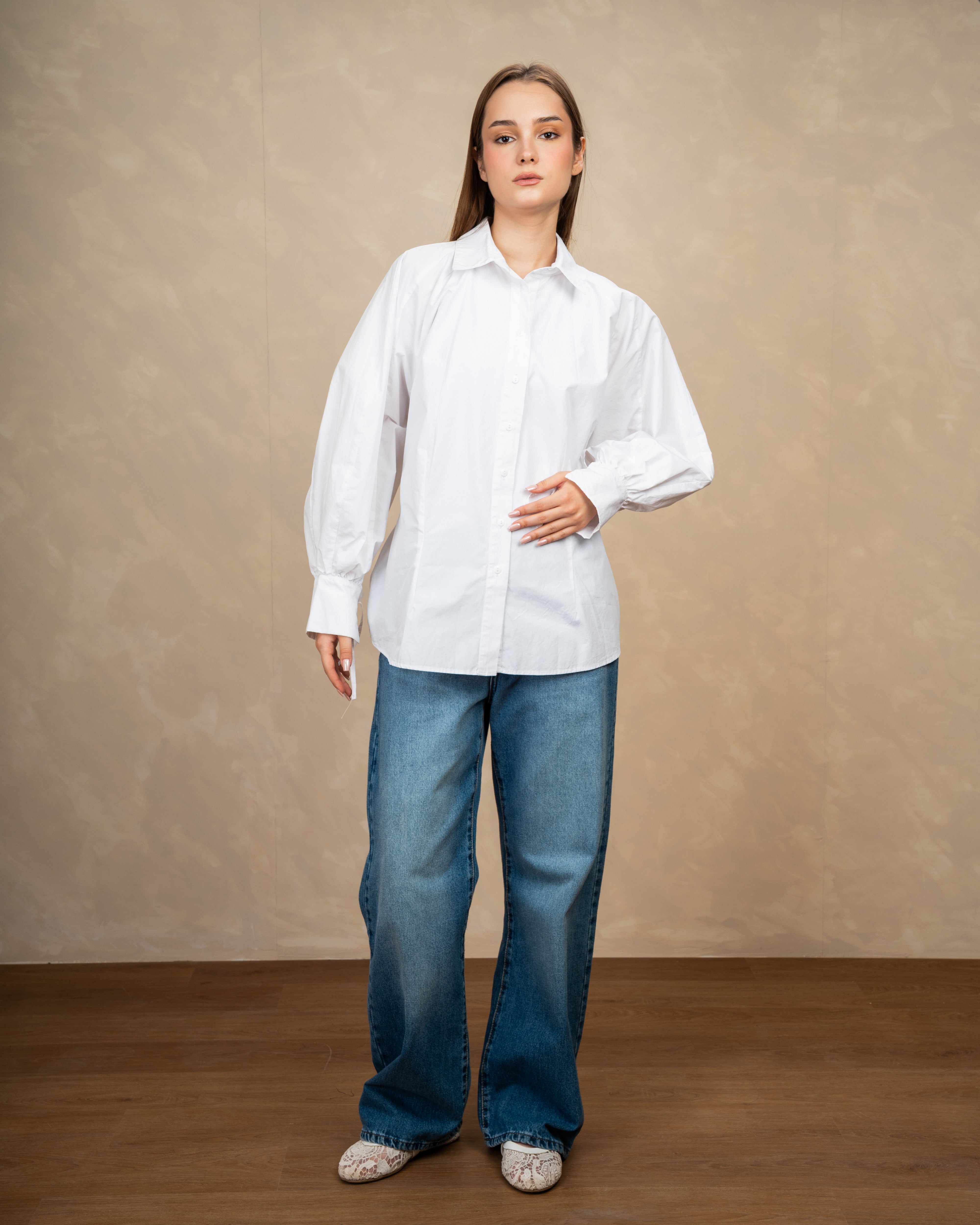 Plain Shirt With Waist Tie And Tie Cuffs