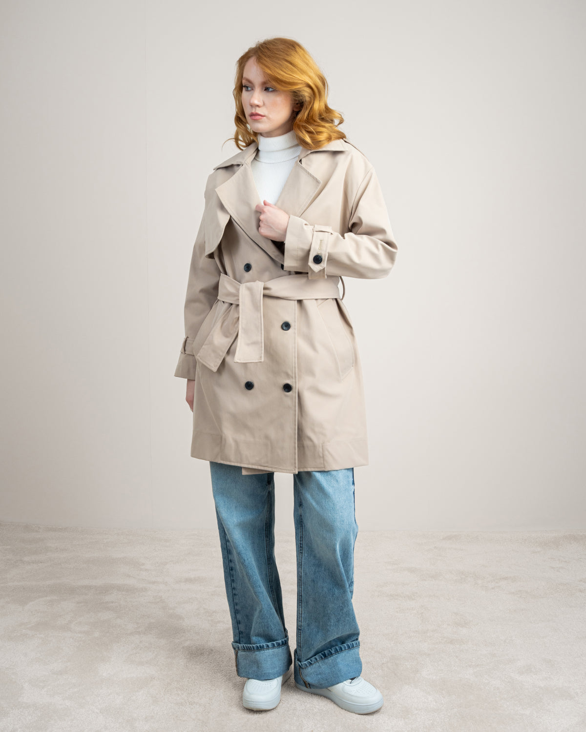 Long Gabardine Jacket - With Belt And Pockets
