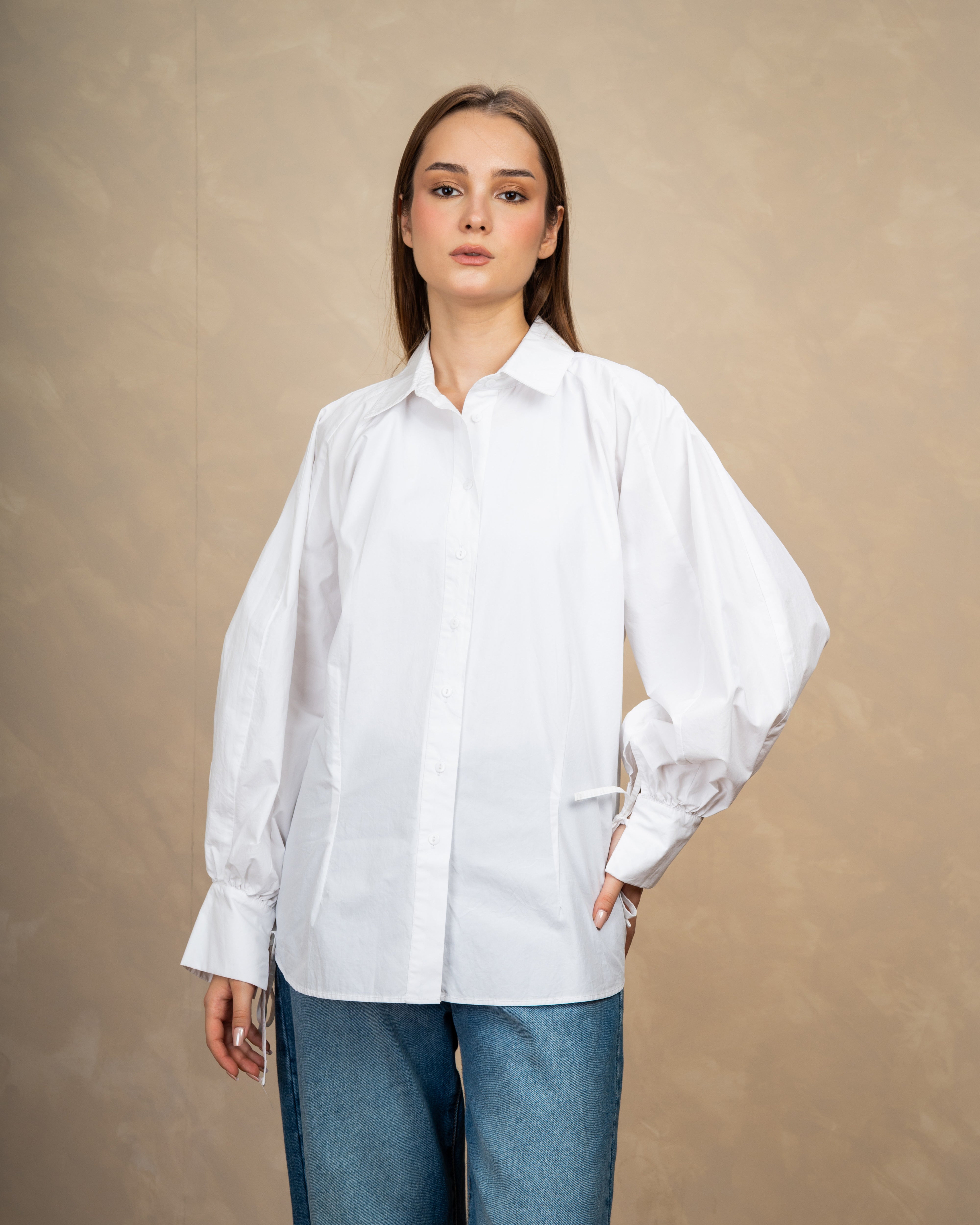 Plain Shirt With Waist Tie And Tie Cuffs