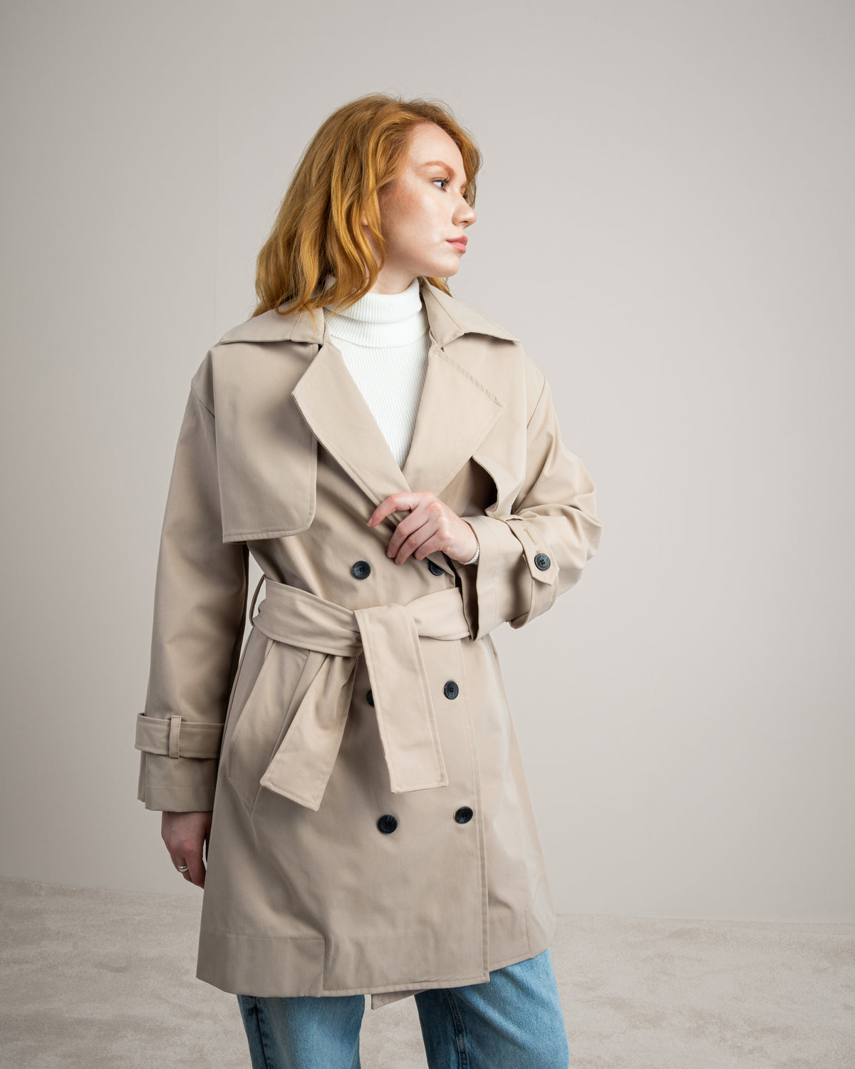 Long Gabardine Jacket - With Belt And Pockets