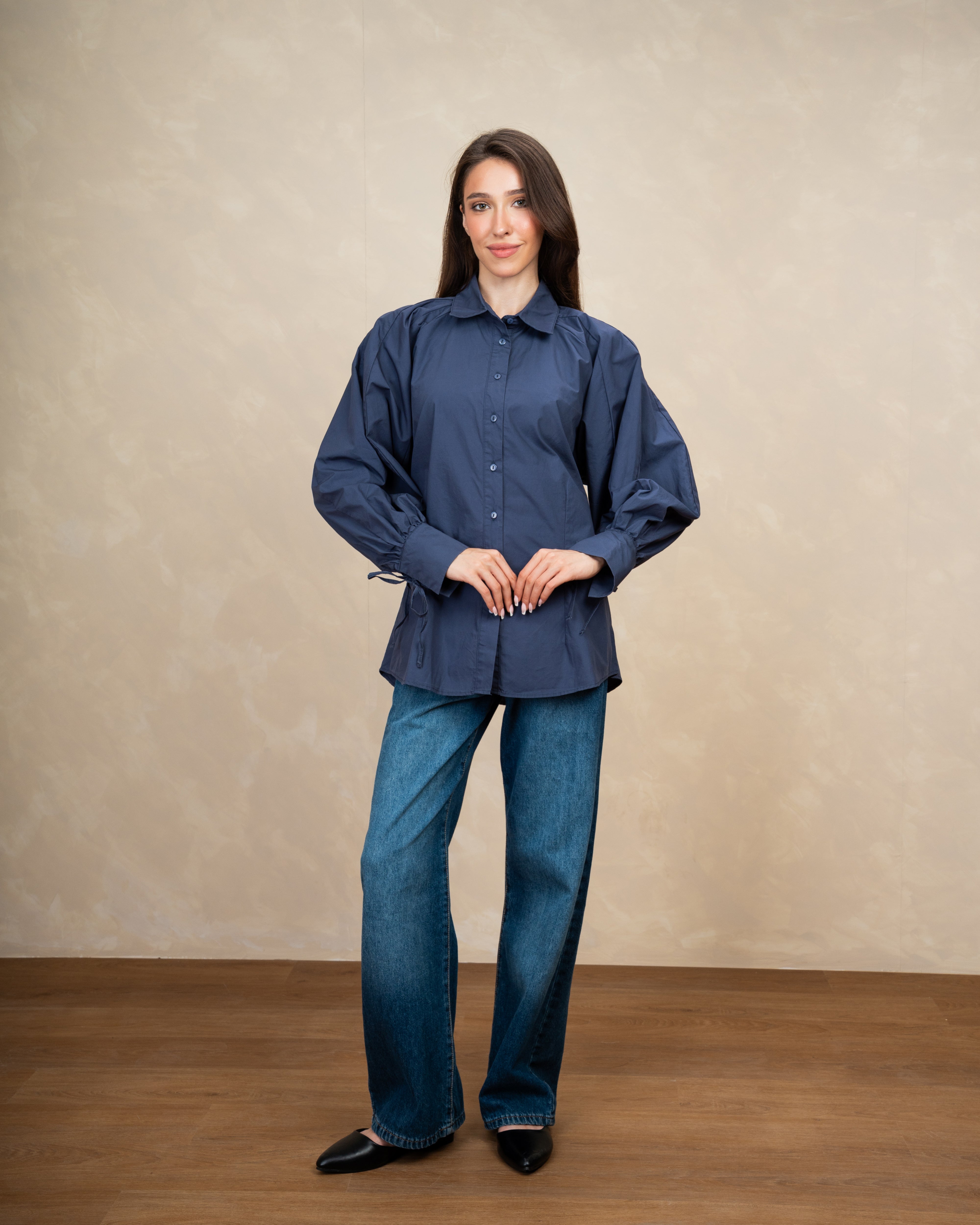 Plain Shirt With Waist Tie And Tie Cuffs