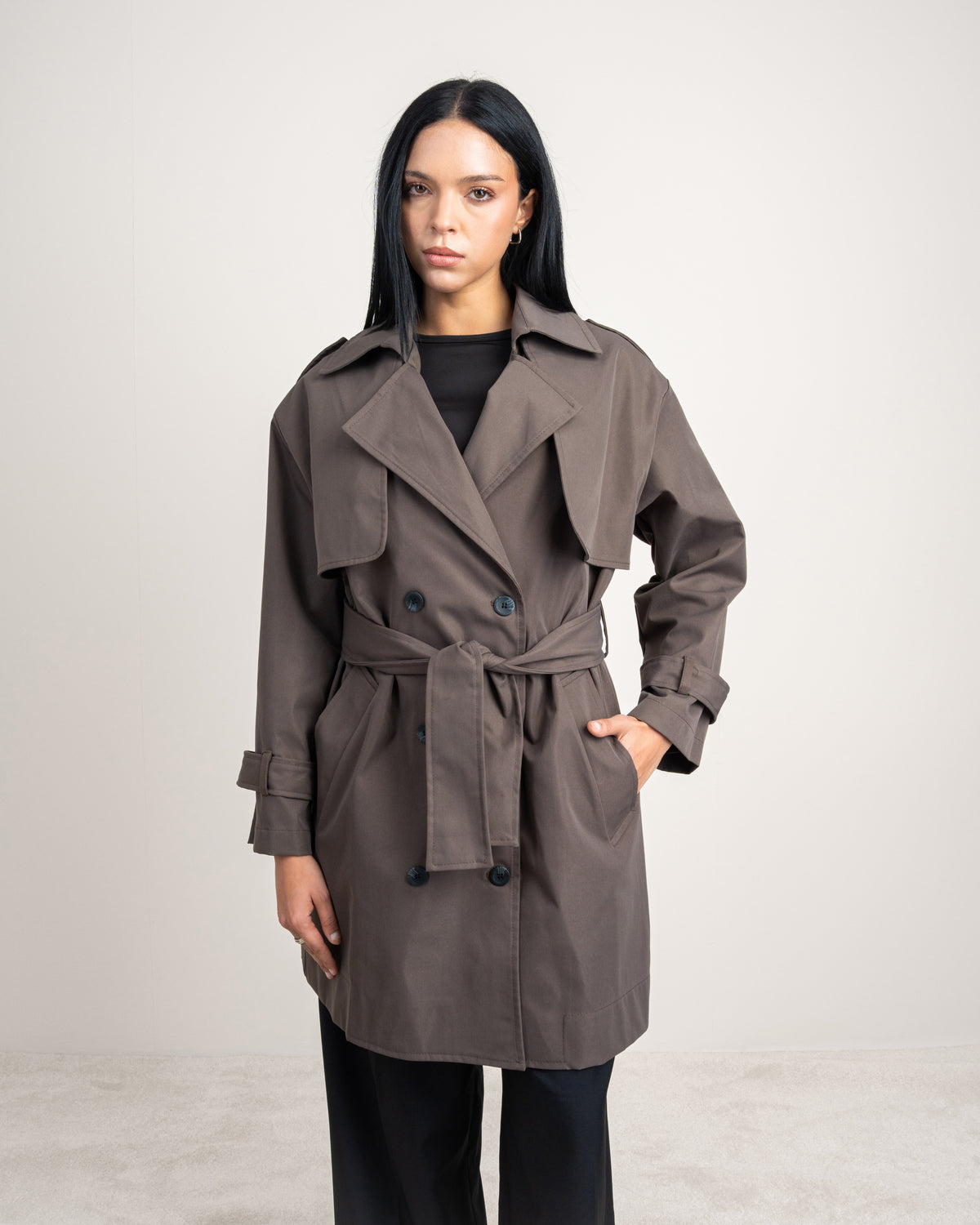 Long Gabardine Jacket - With Belt And Pockets