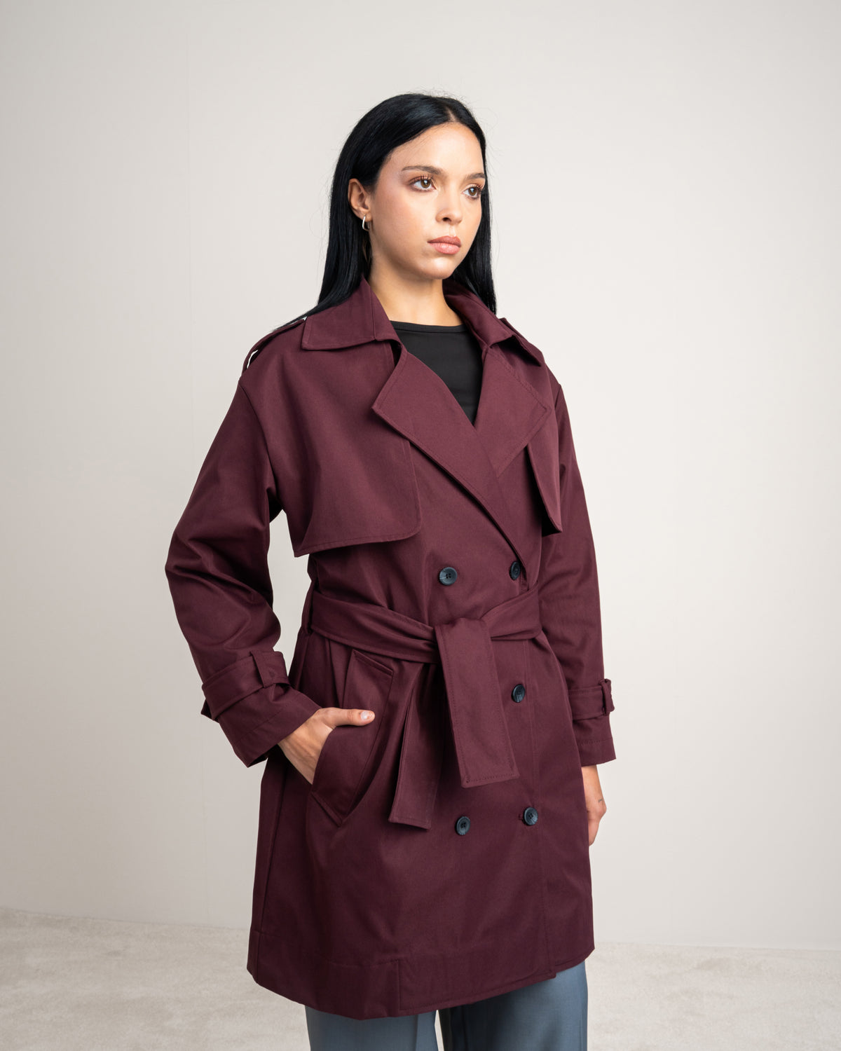 Long Gabardine Jacket - With Belt And Pockets