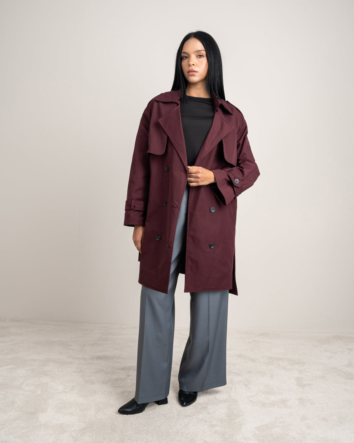 Long Gabardine Jacket - With Belt And Pockets