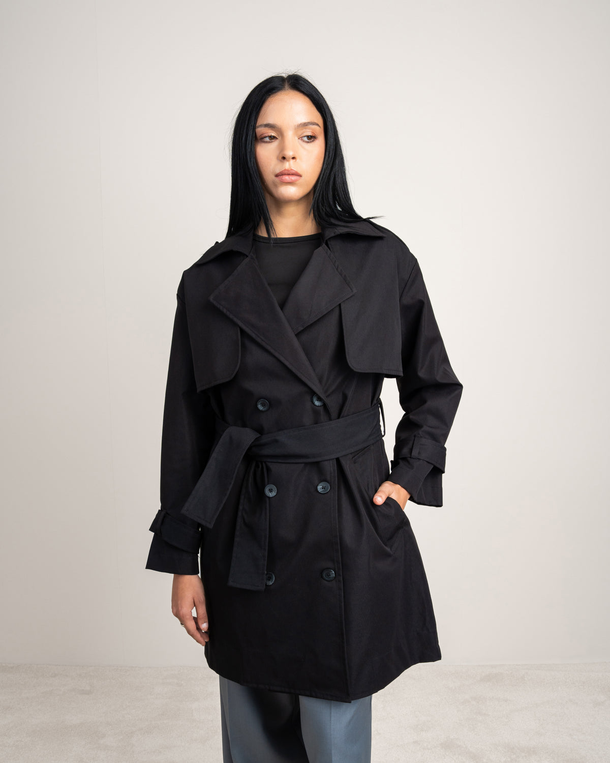 Long Gabardine Jacket - With Belt And Pockets