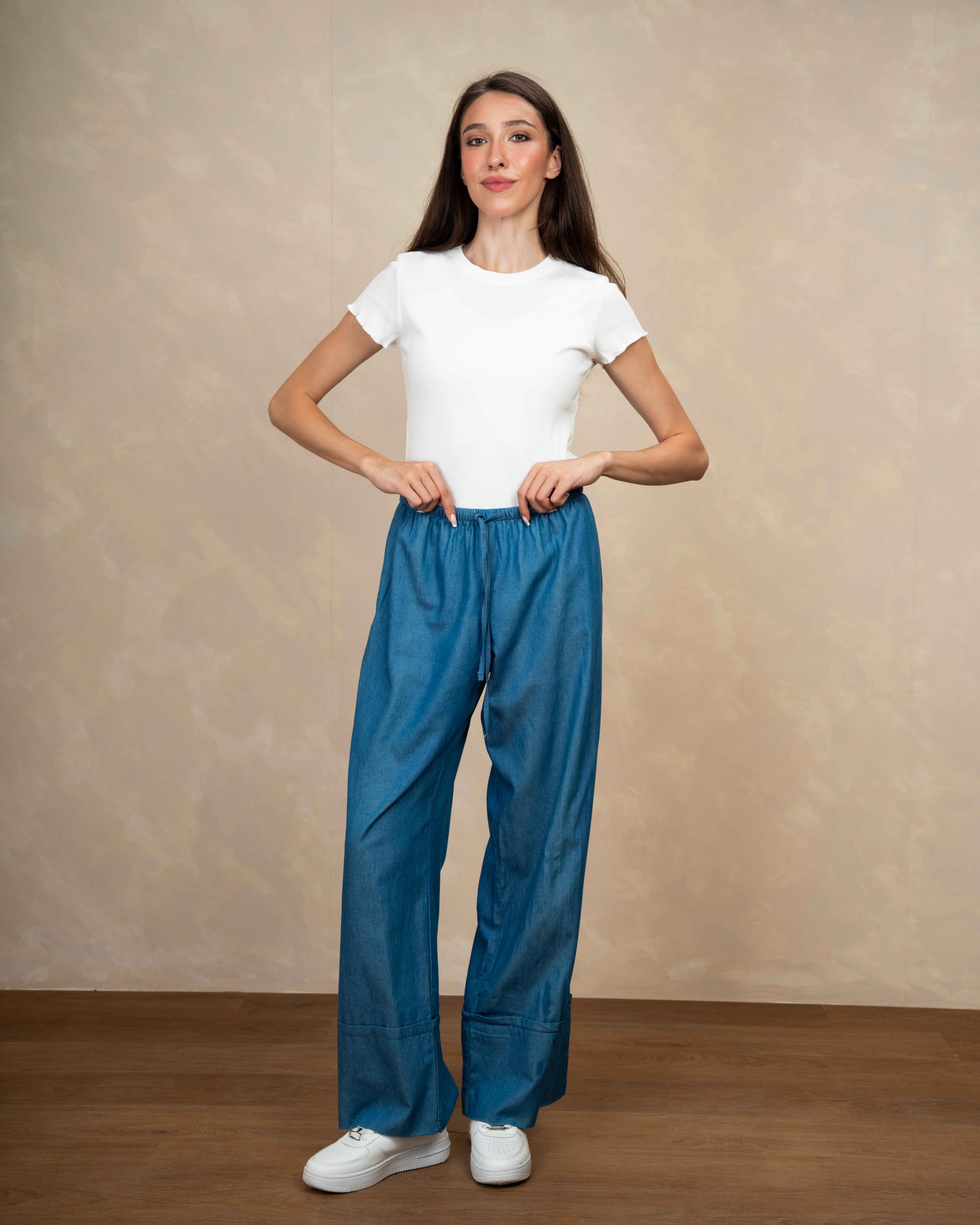 Denim Trouser With Drawstring And Turn-Up Hem