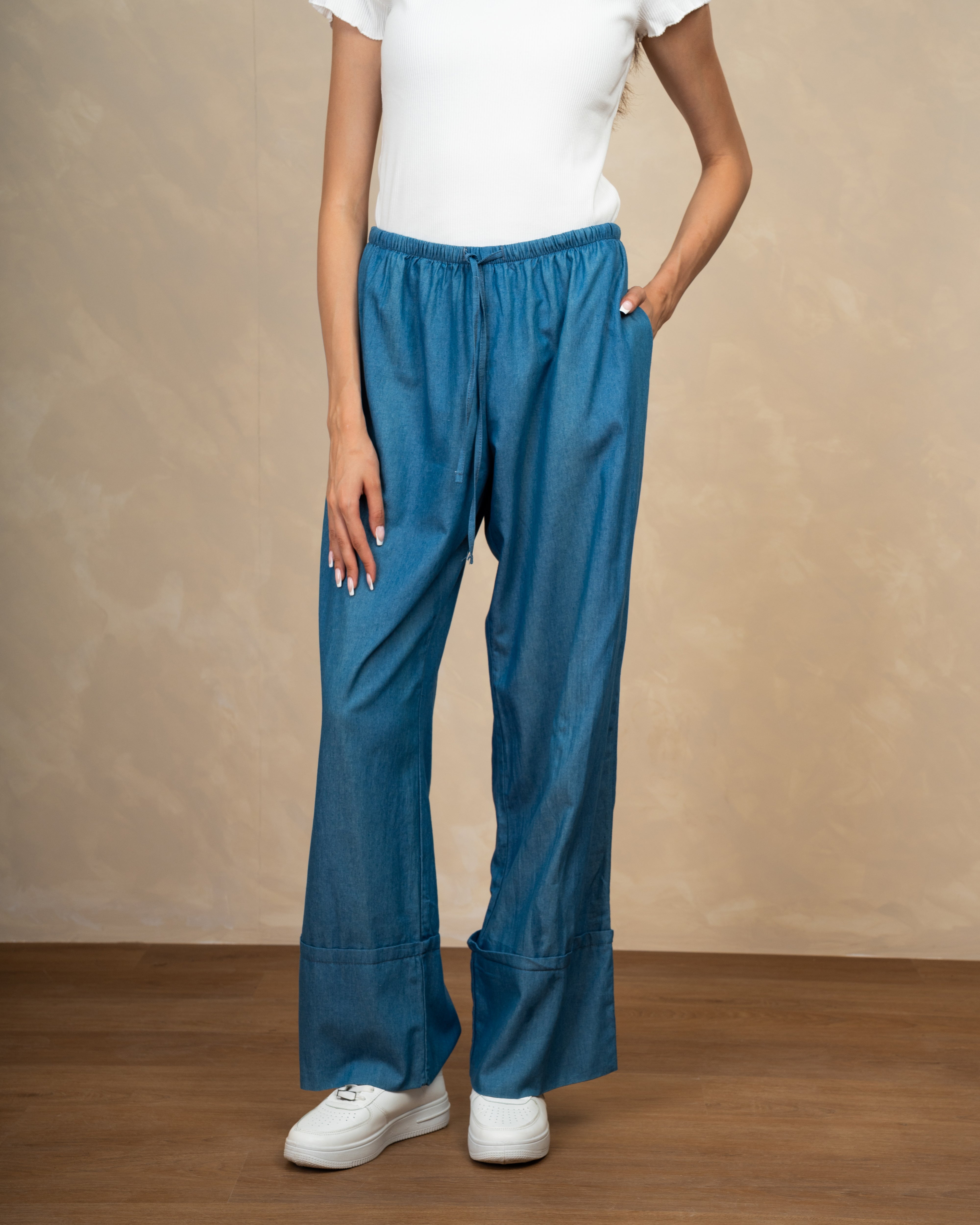 Denim Trouser With Drawstring And Turn-Up Hem