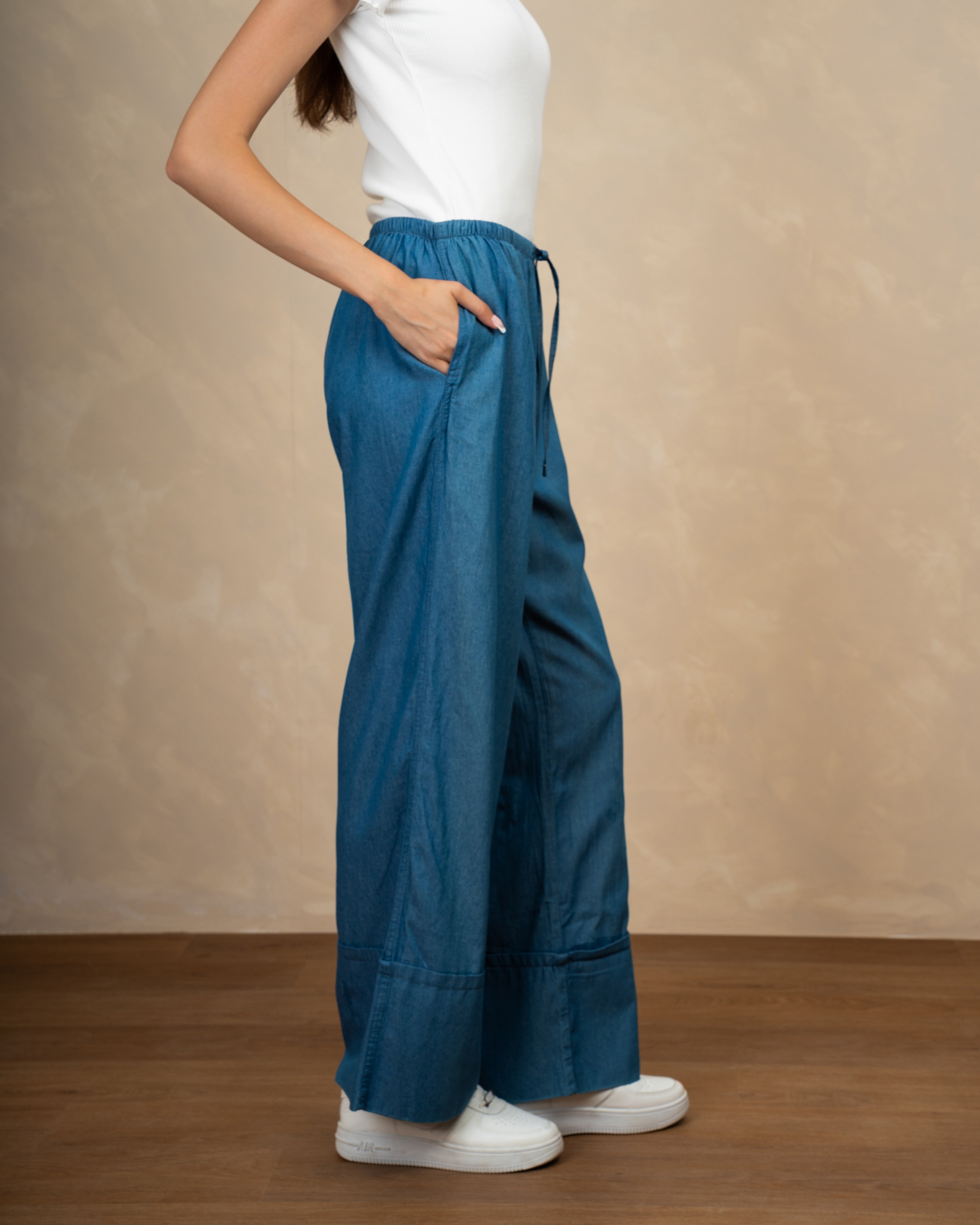 Denim Trouser With Drawstring And Turn-Up Hem
