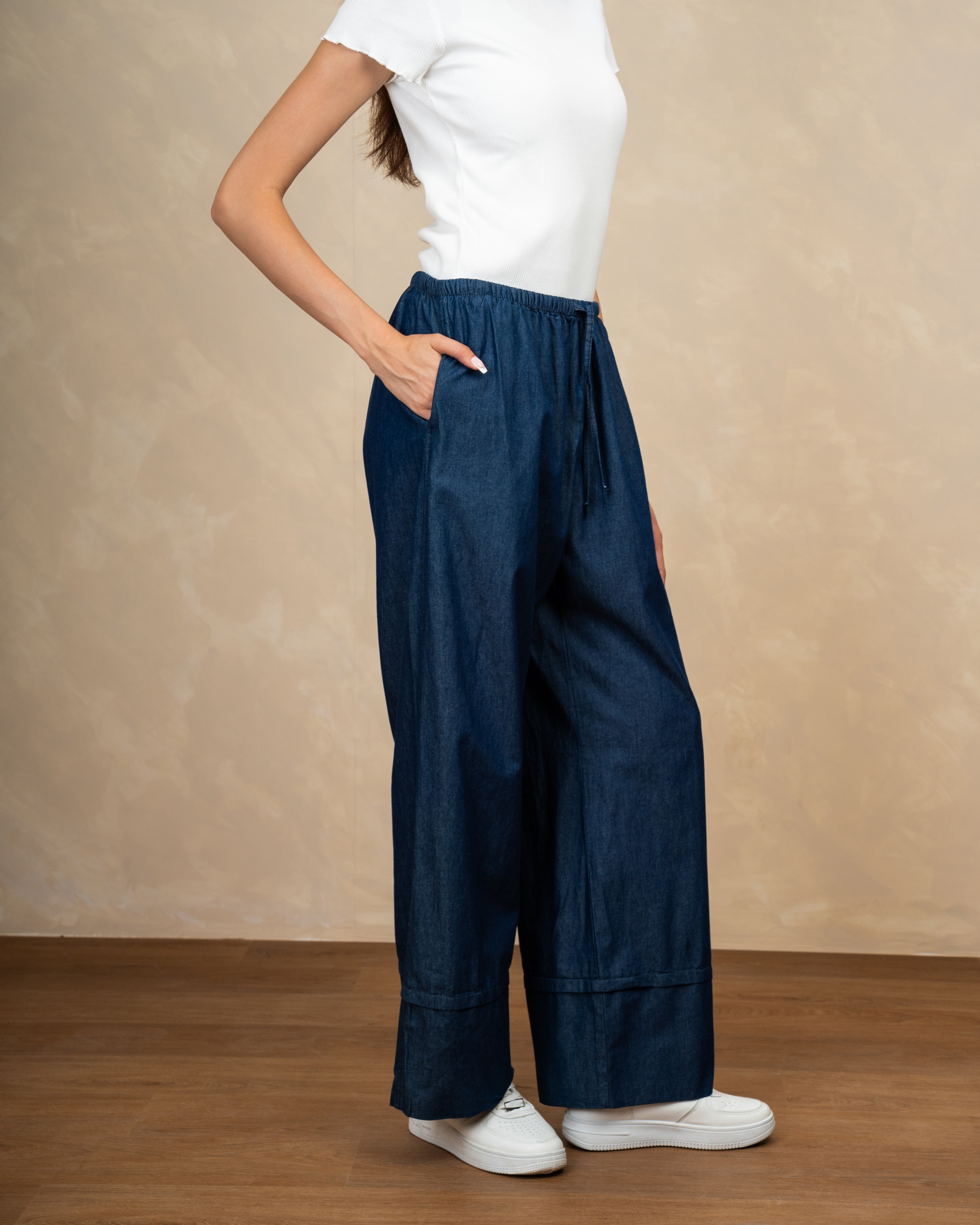 Denim Trouser With Drawstring And Turn-Up Hem