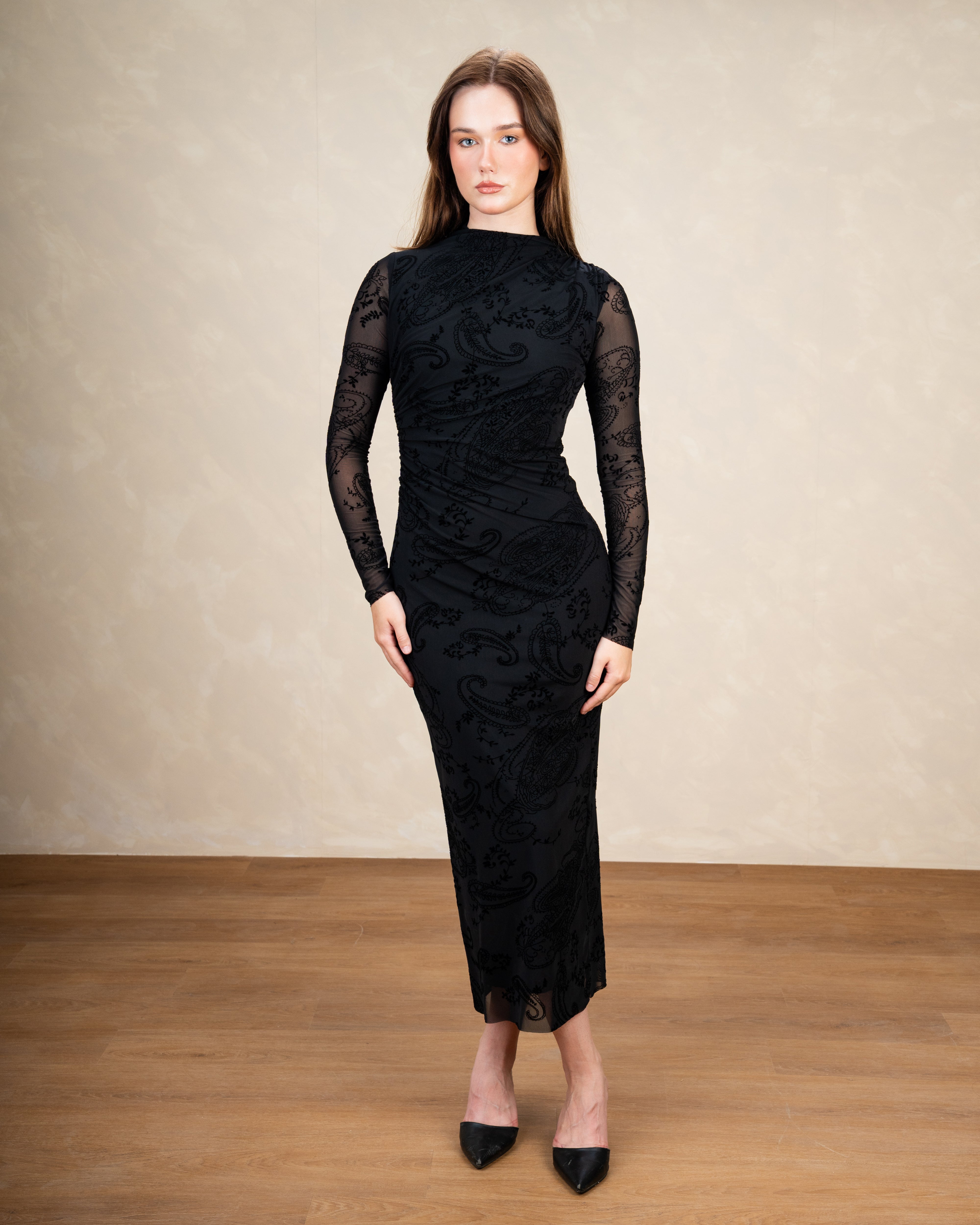Plain Dress With Floral Print Sleeves