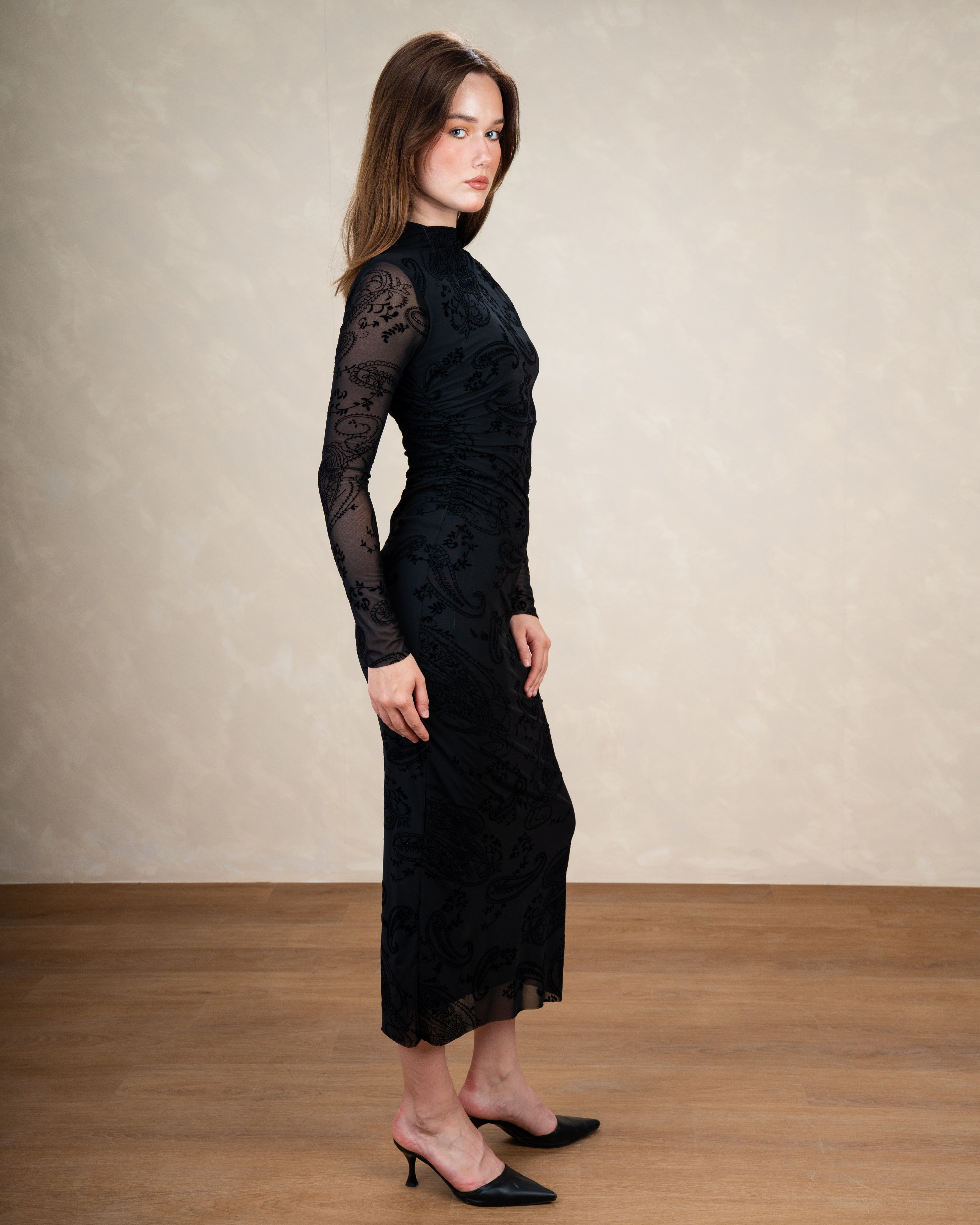Plain Dress With Floral Print Sleeves