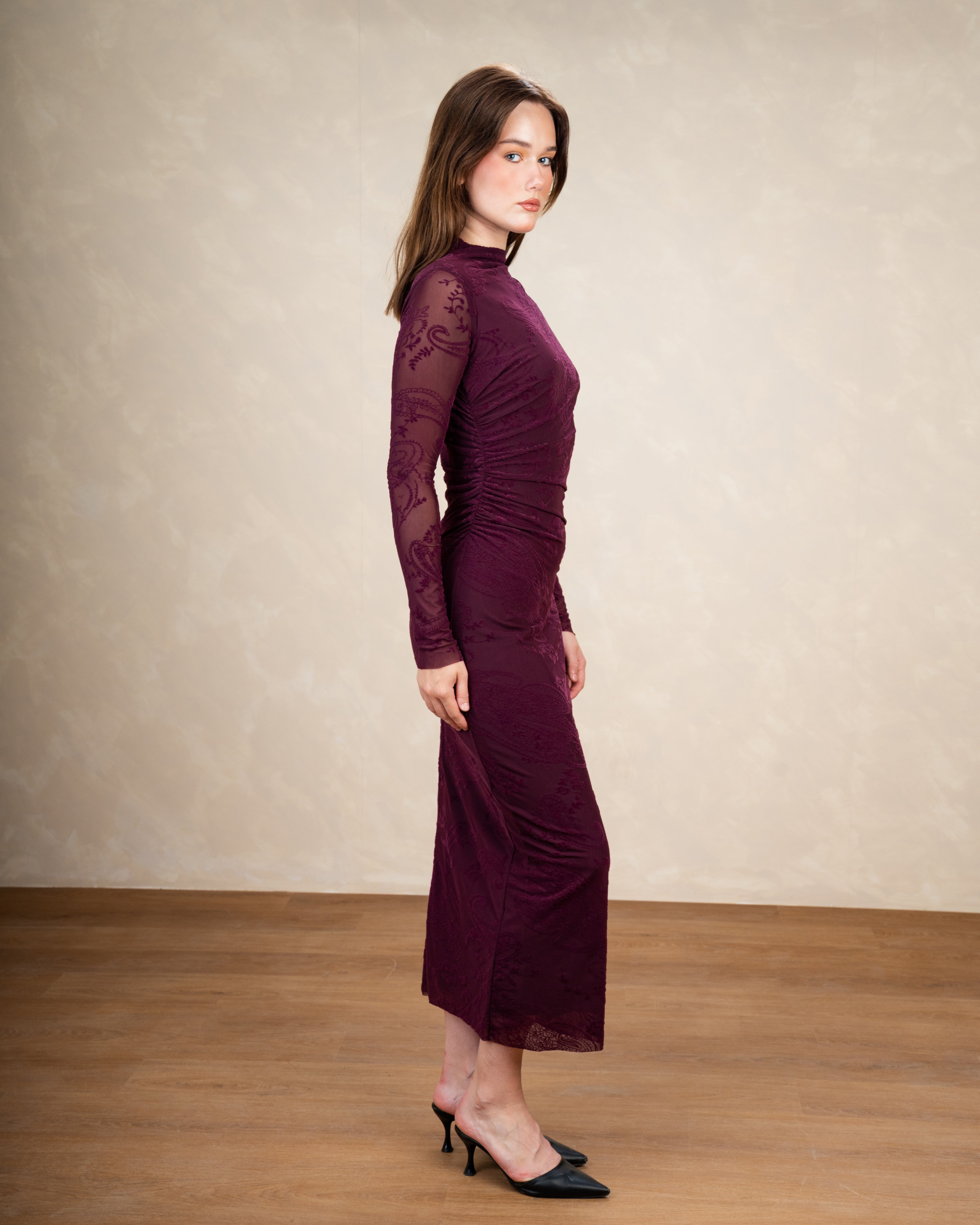 Plain Dress With Floral Print Sleeves