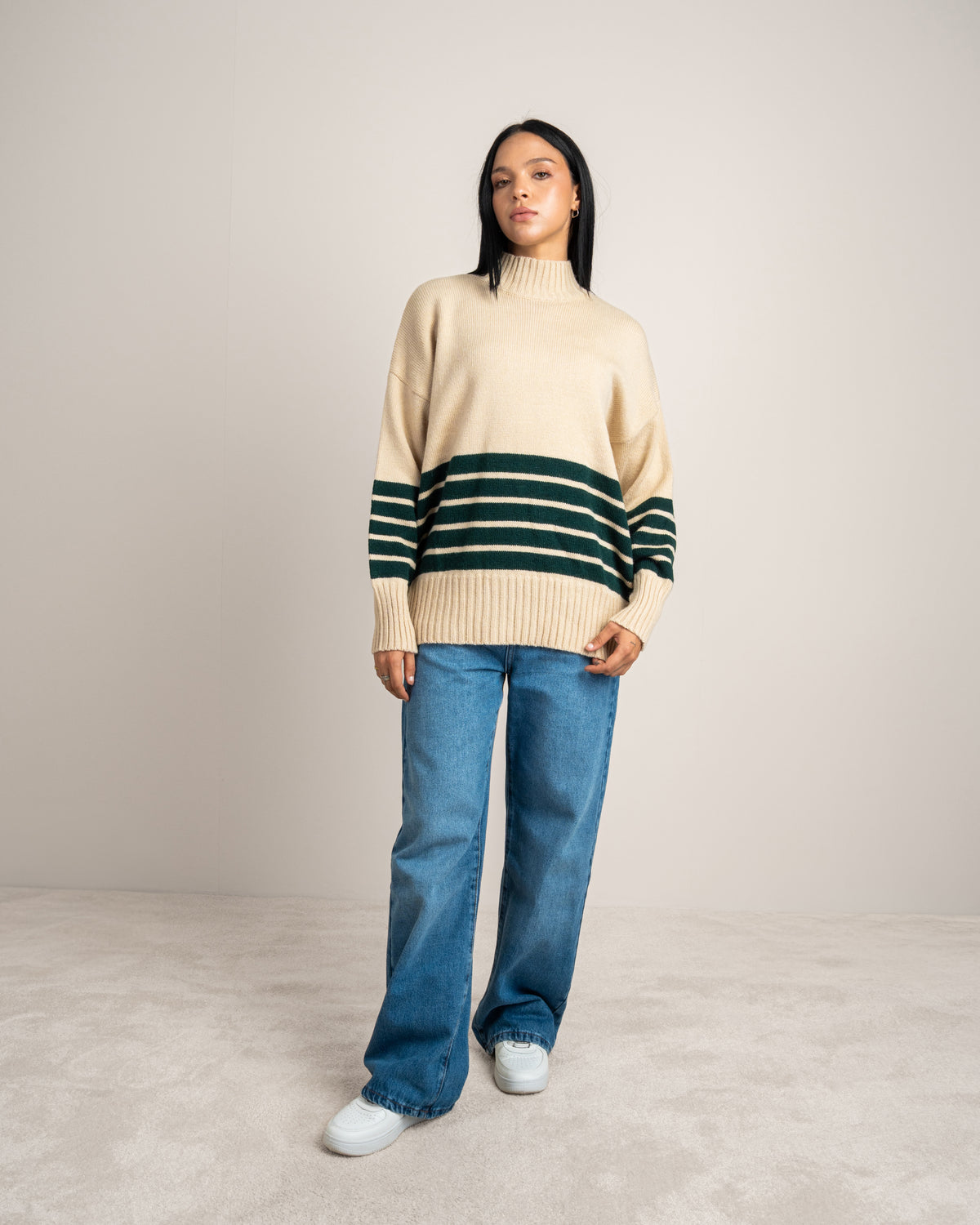 High Neck Knitwear Pullover - With Striped Details
