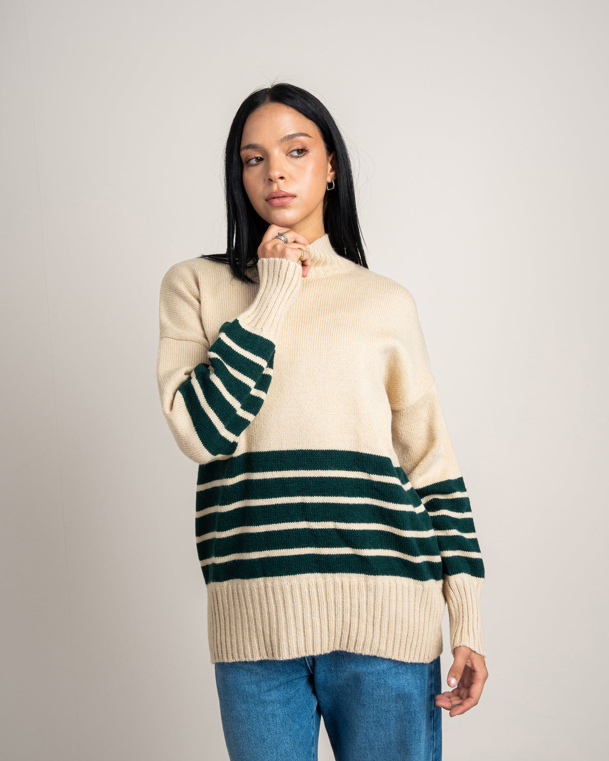 High Neck Knitwear Pullover - With Striped Details