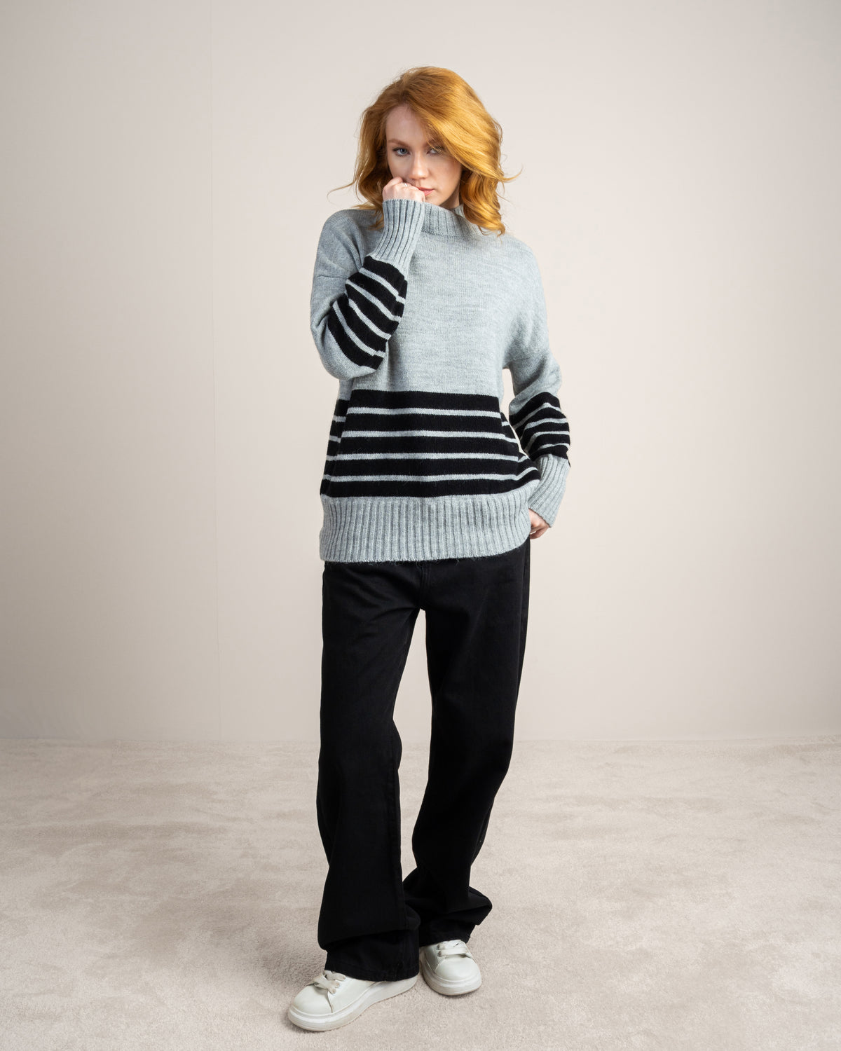High Neck Knitwear Pullover - With Striped Details