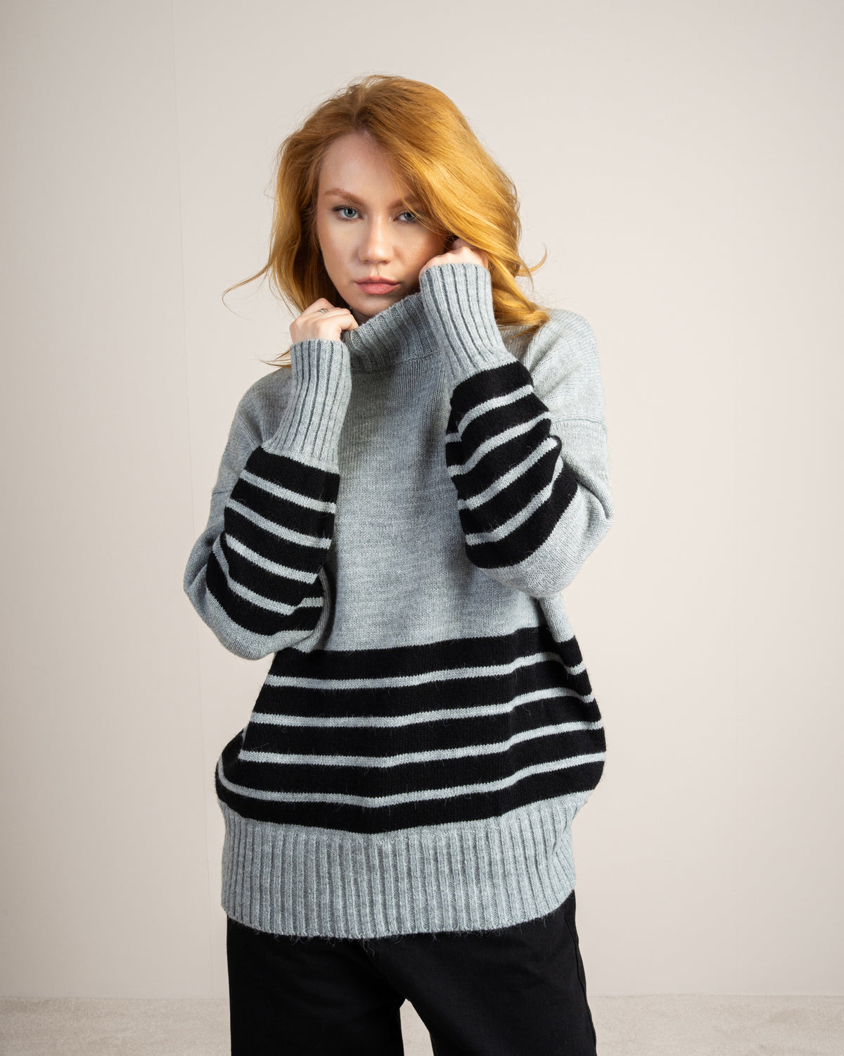 High Neck Knitwear Pullover - With Striped Details