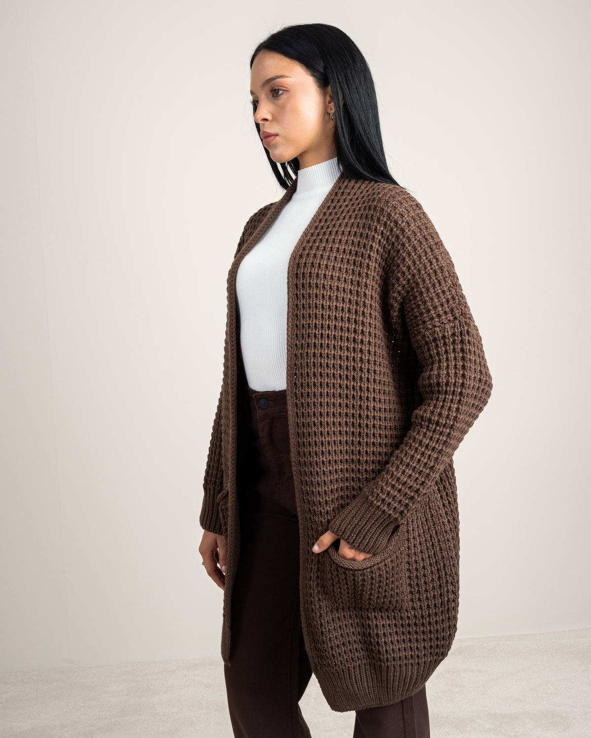 Plain Open Knitwear Cardigan With Pockets