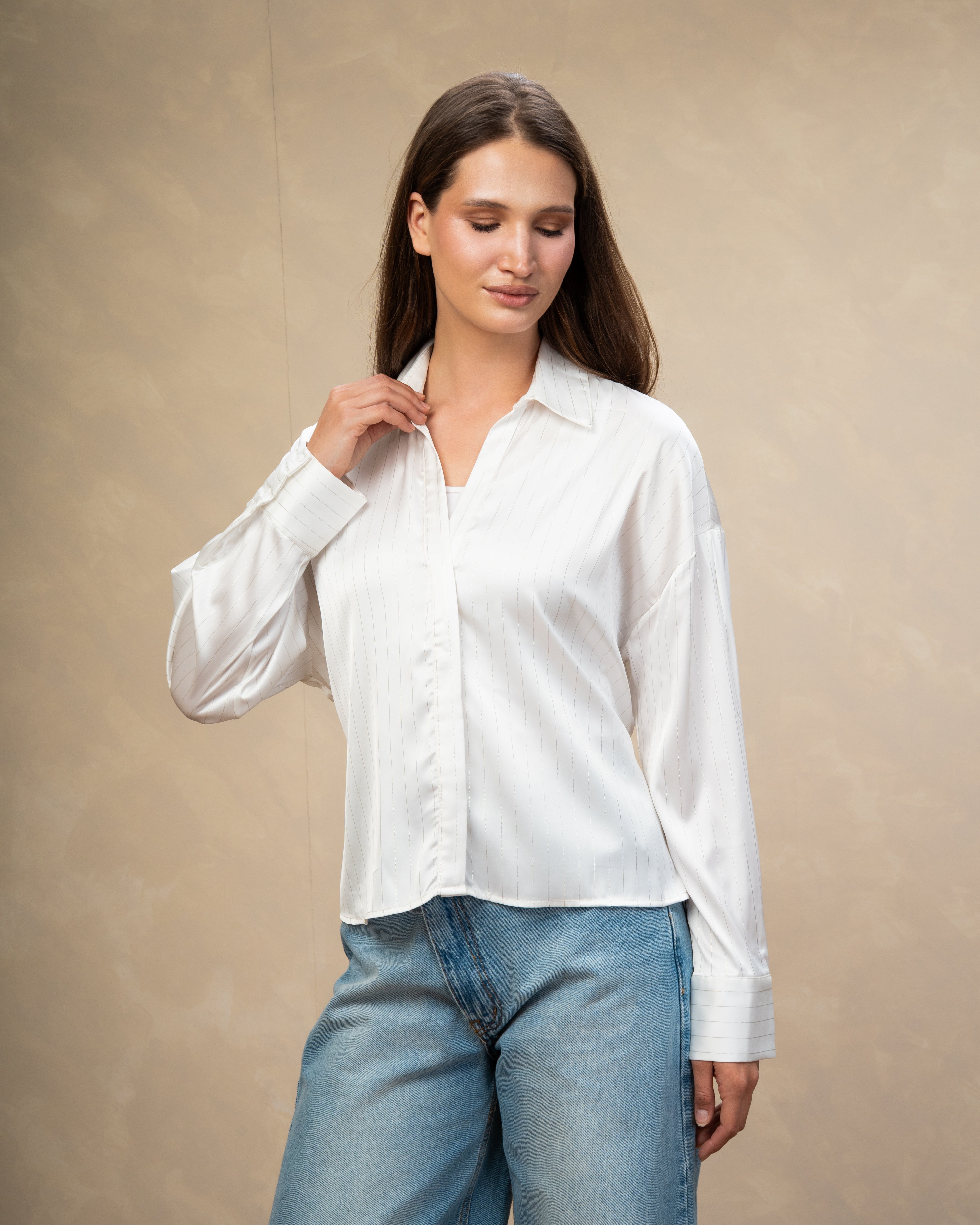 Short Striped Satin Shirt With - Double Button Sleeves