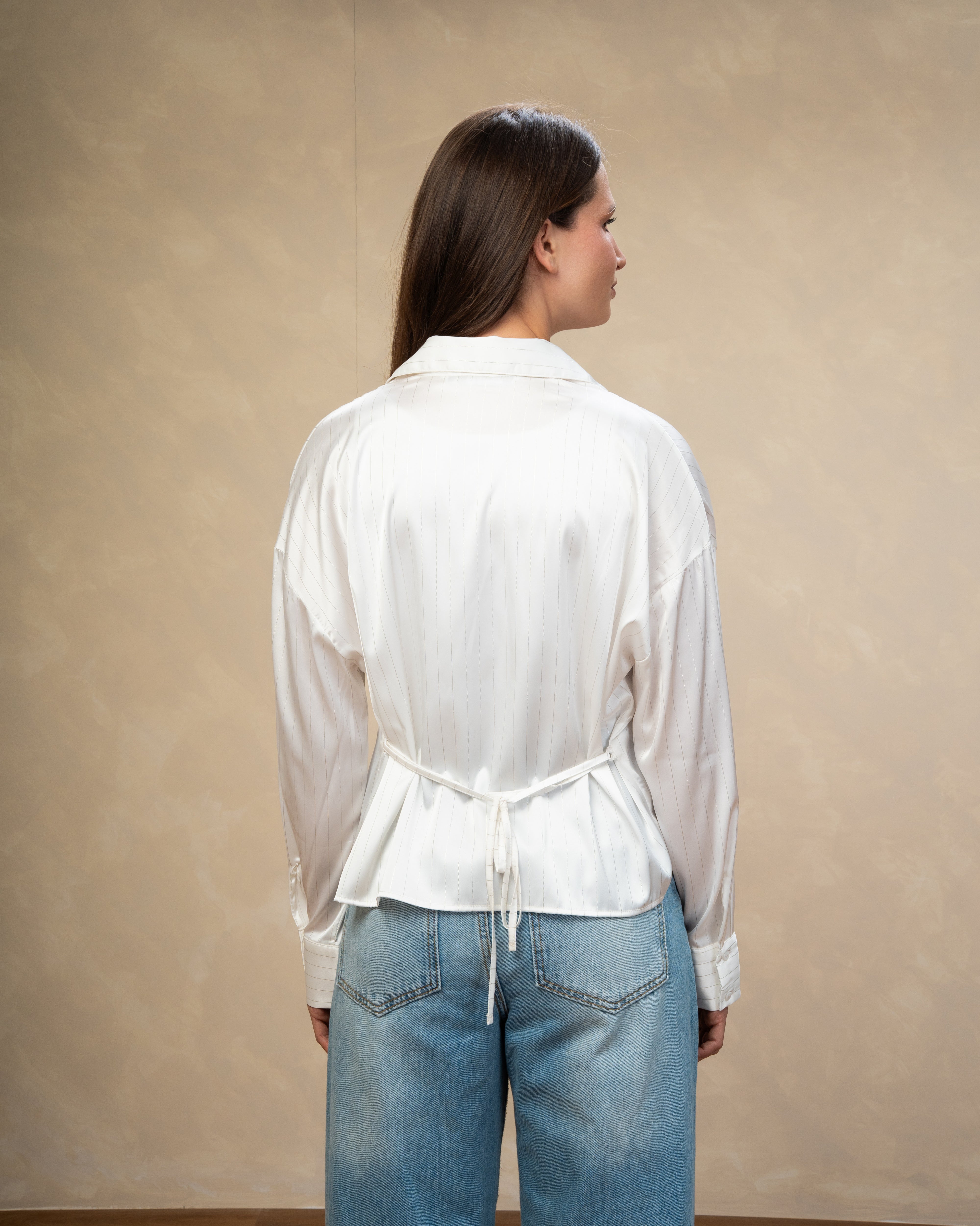 Short Striped Satin Shirt With - Double Button Sleeves