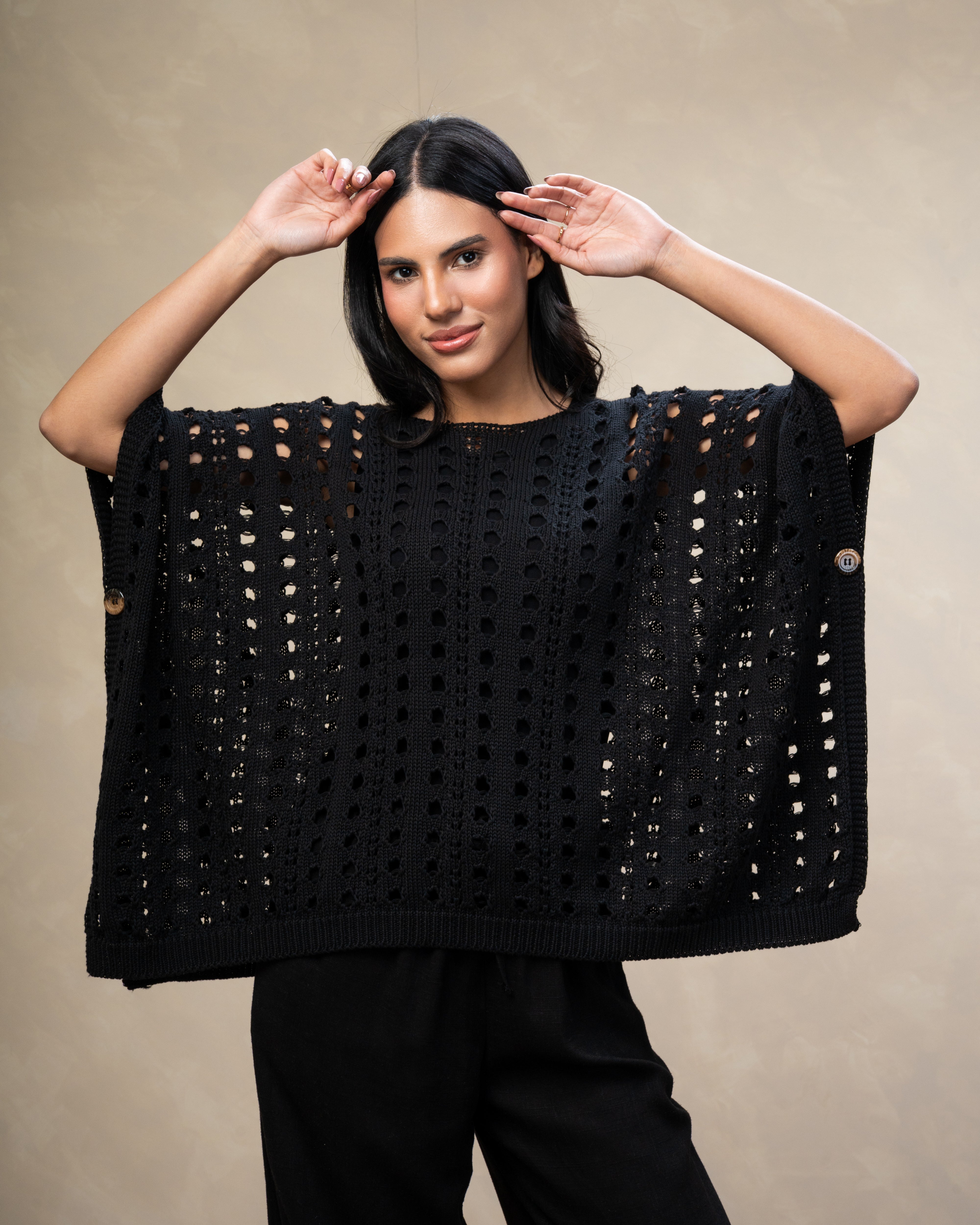 Open Knitwear Cardigan With Square Pattern And Tie