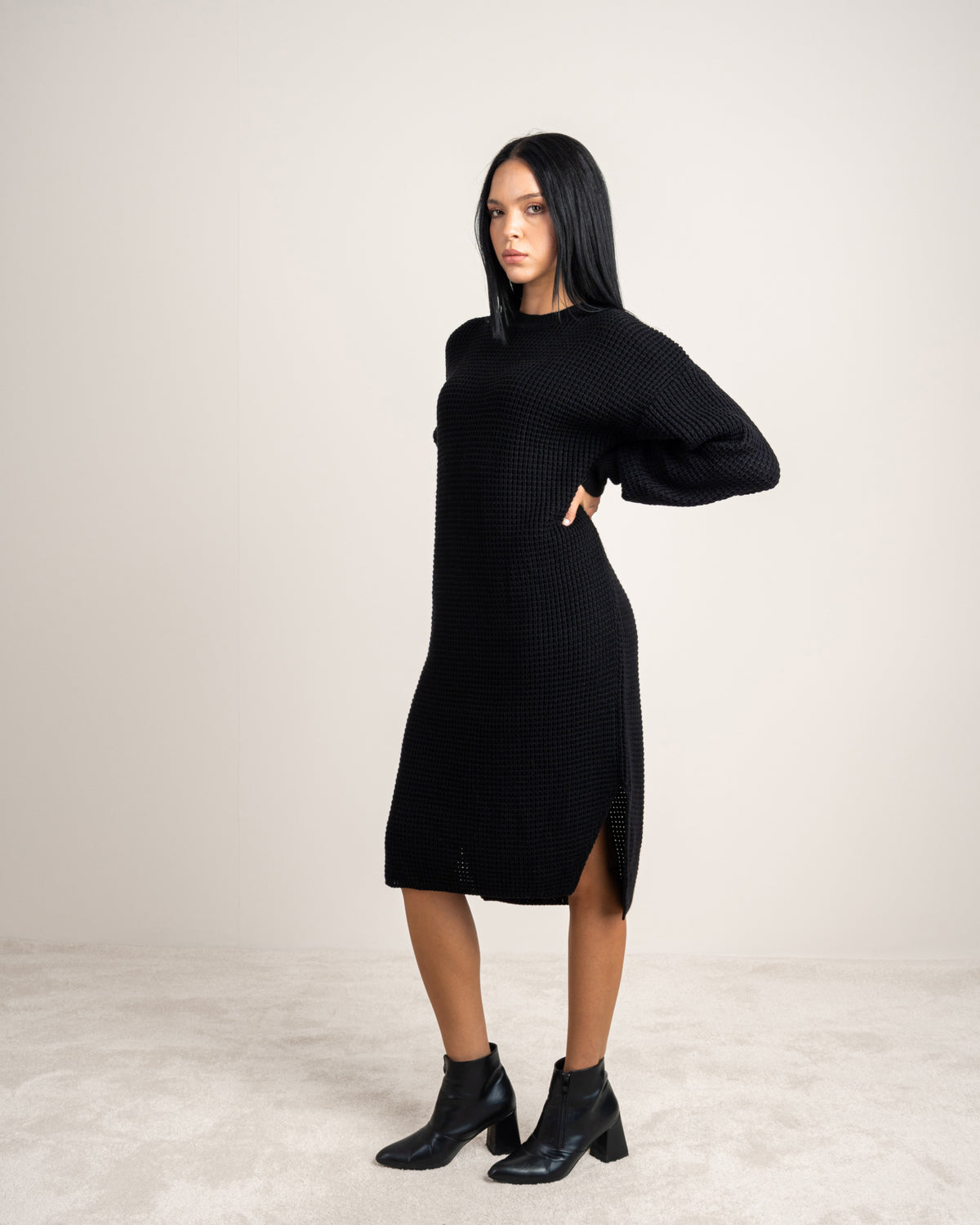 Plain Knitwear Dress - With Side Slits