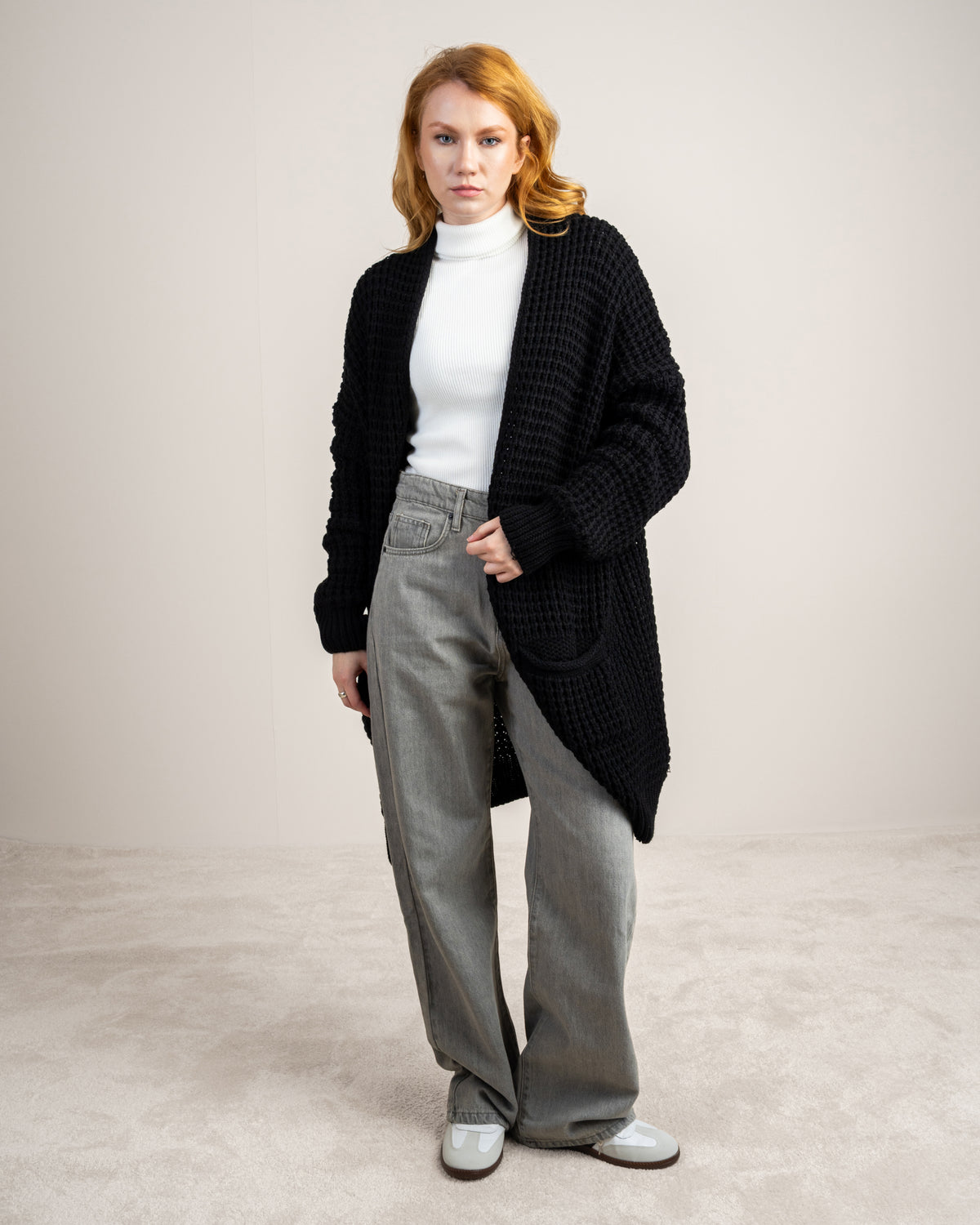 Plain Open Knitwear Cardigan With Pockets
