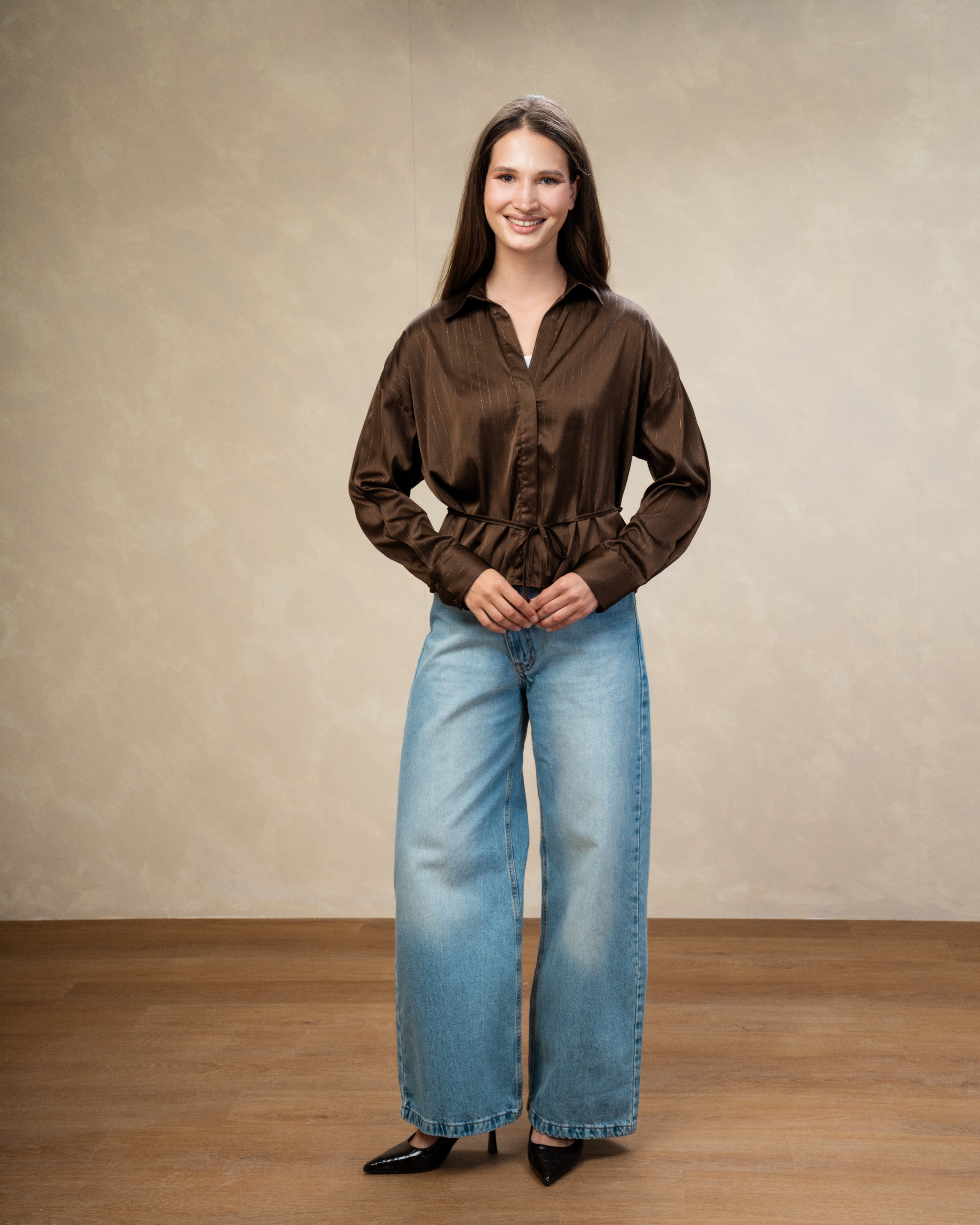 Short Striped Satin Shirt With - Double Button Sleeves