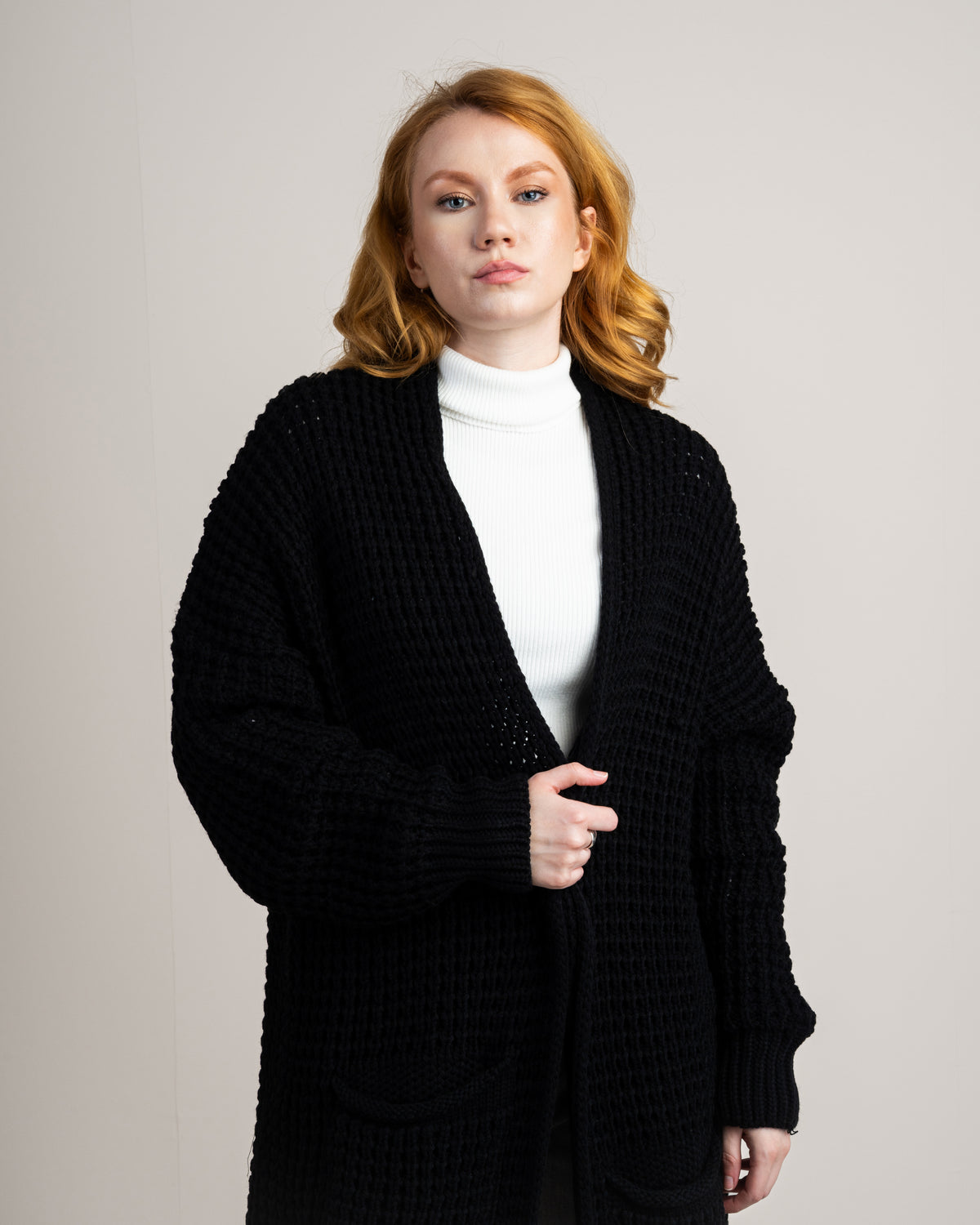 Plain Open Knitwear Cardigan With Pockets