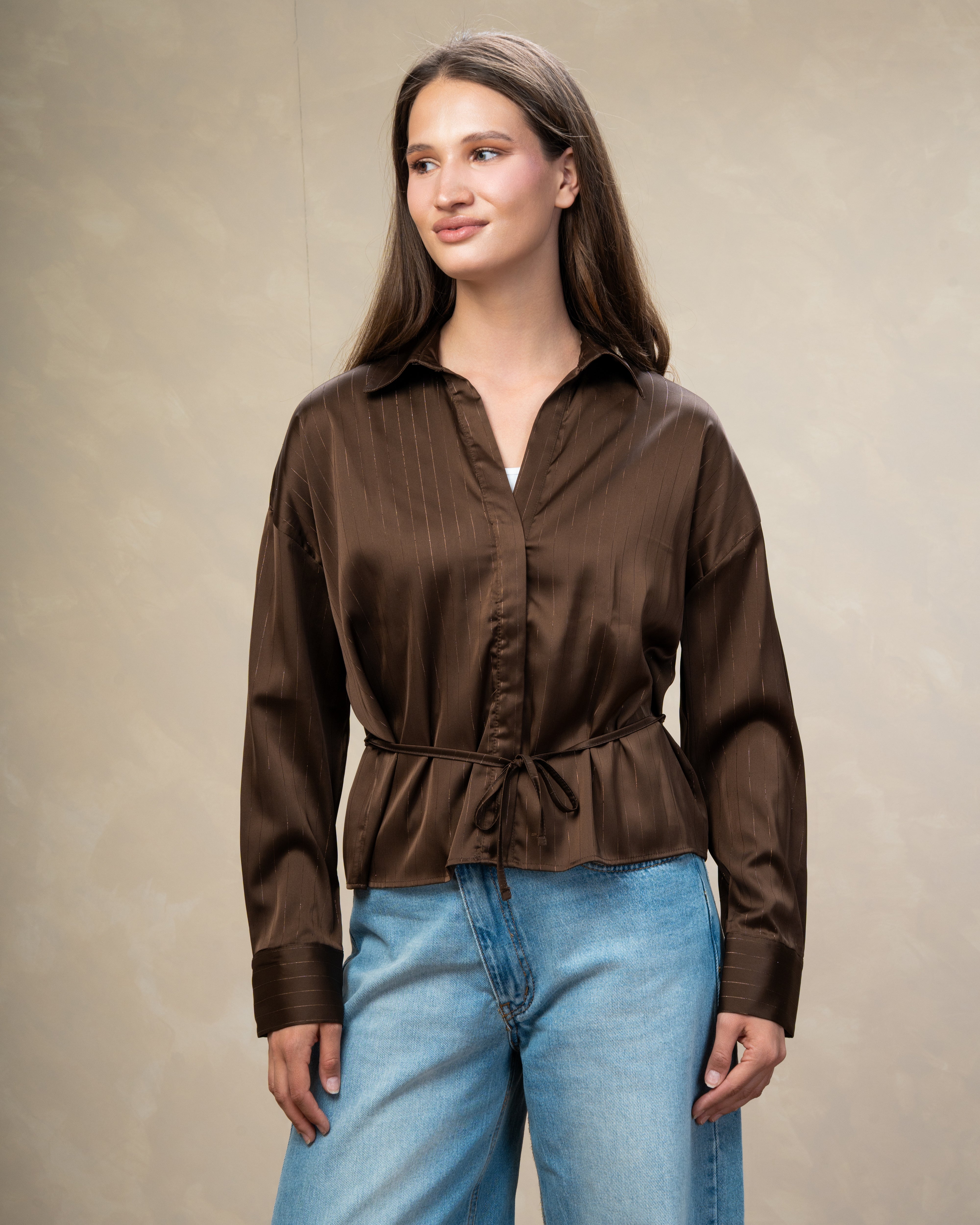 Short Striped Satin Shirt With - Double Button Sleeves