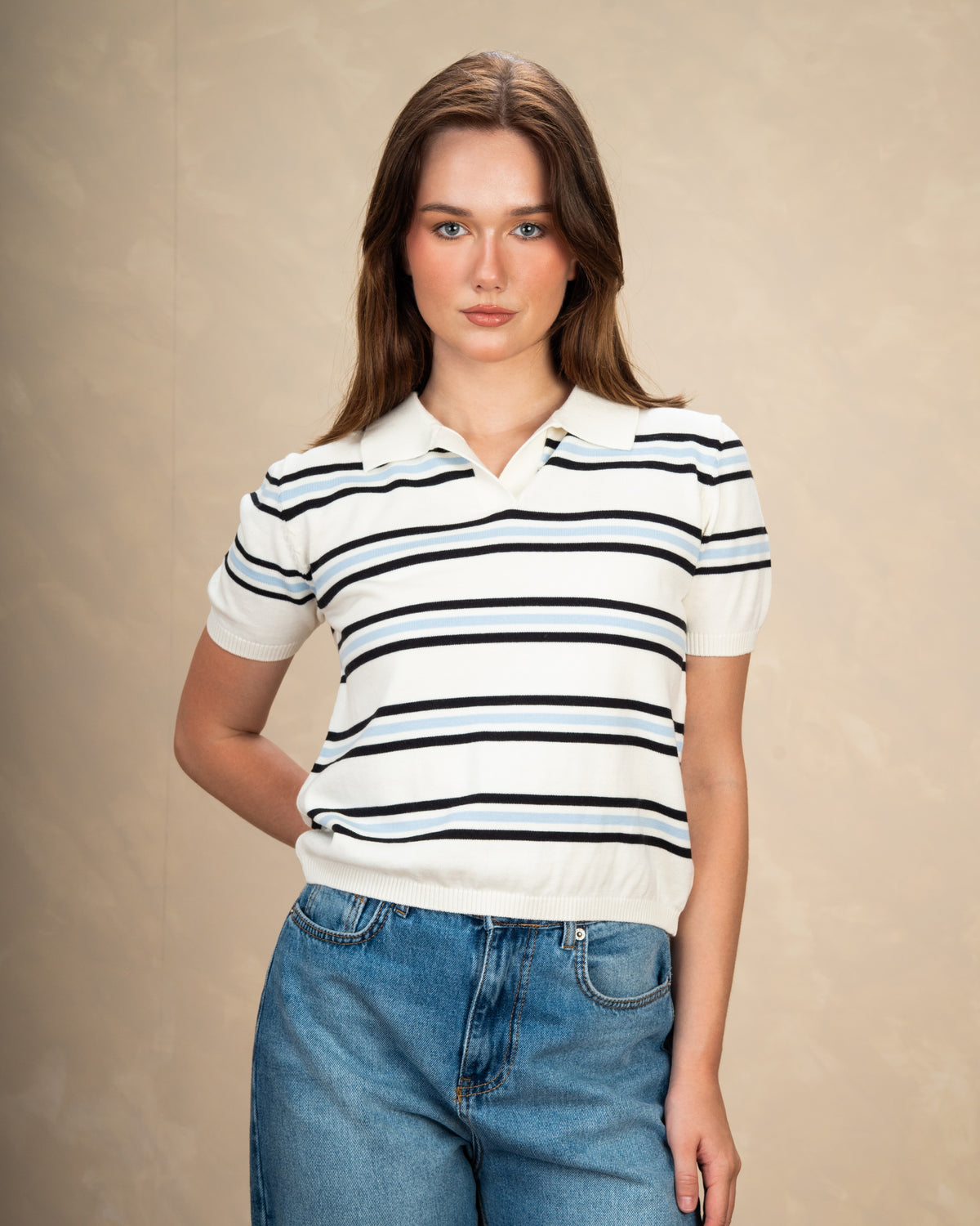 Basic Collared Top With Patterned Stripes