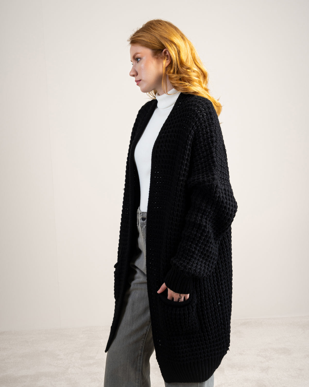Plain Open Knitwear Cardigan With Pockets