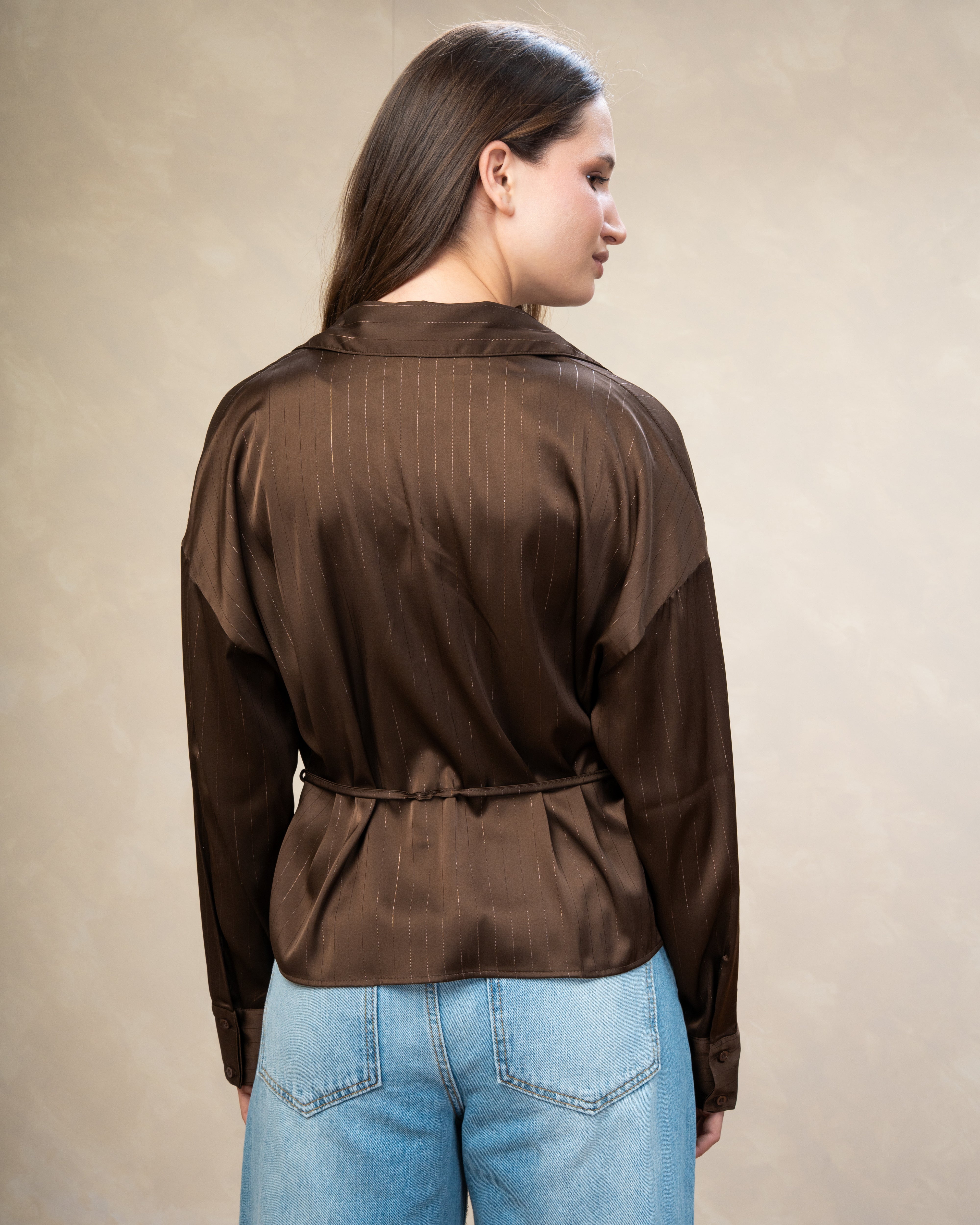 Short Striped Satin Shirt With - Double Button Sleeves