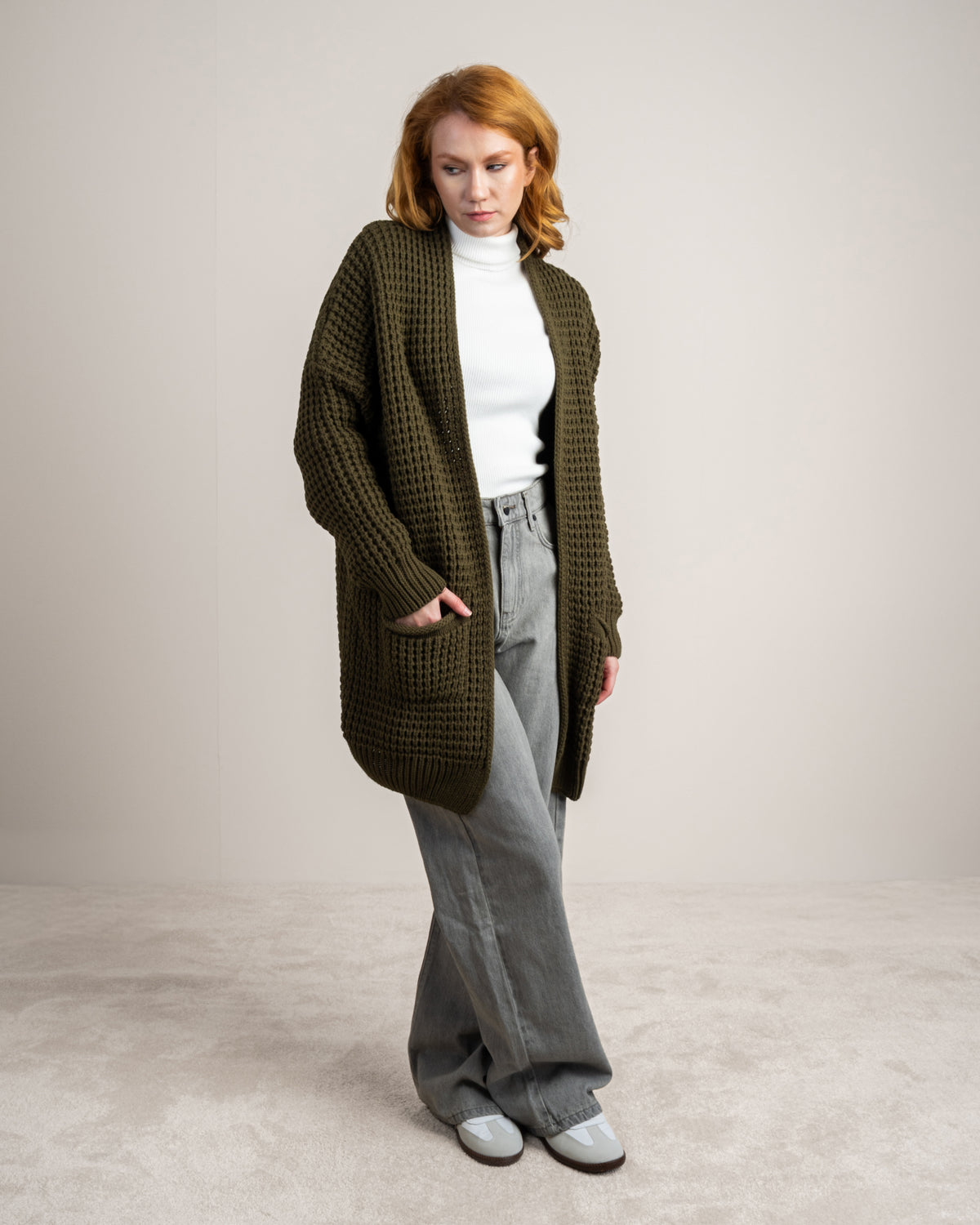 Plain Open Knitwear Cardigan With Pockets