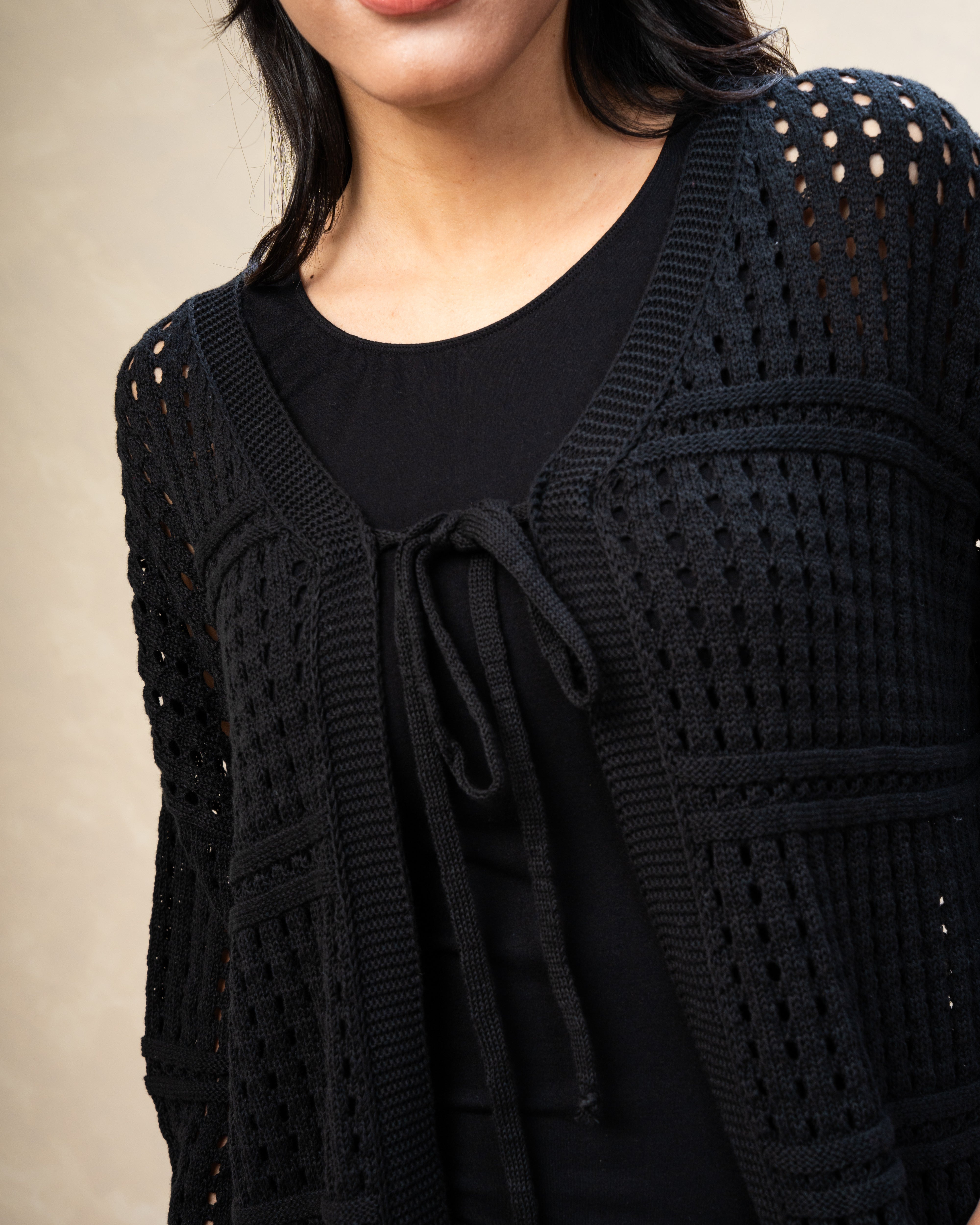 Open Knitwear Cardigan - With Square Pattern And Tie