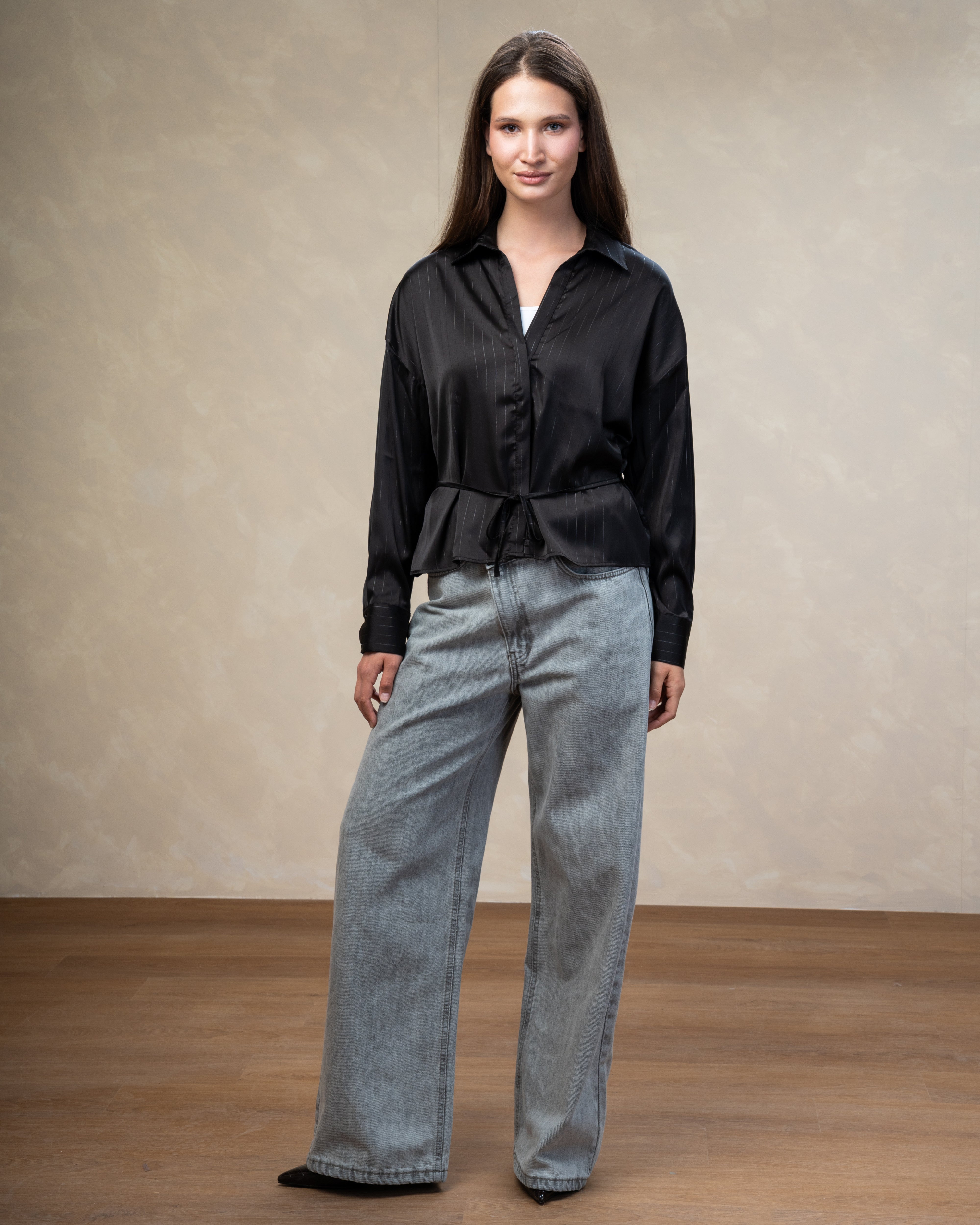 Short Striped Satin Shirt With - Double Button Sleeves