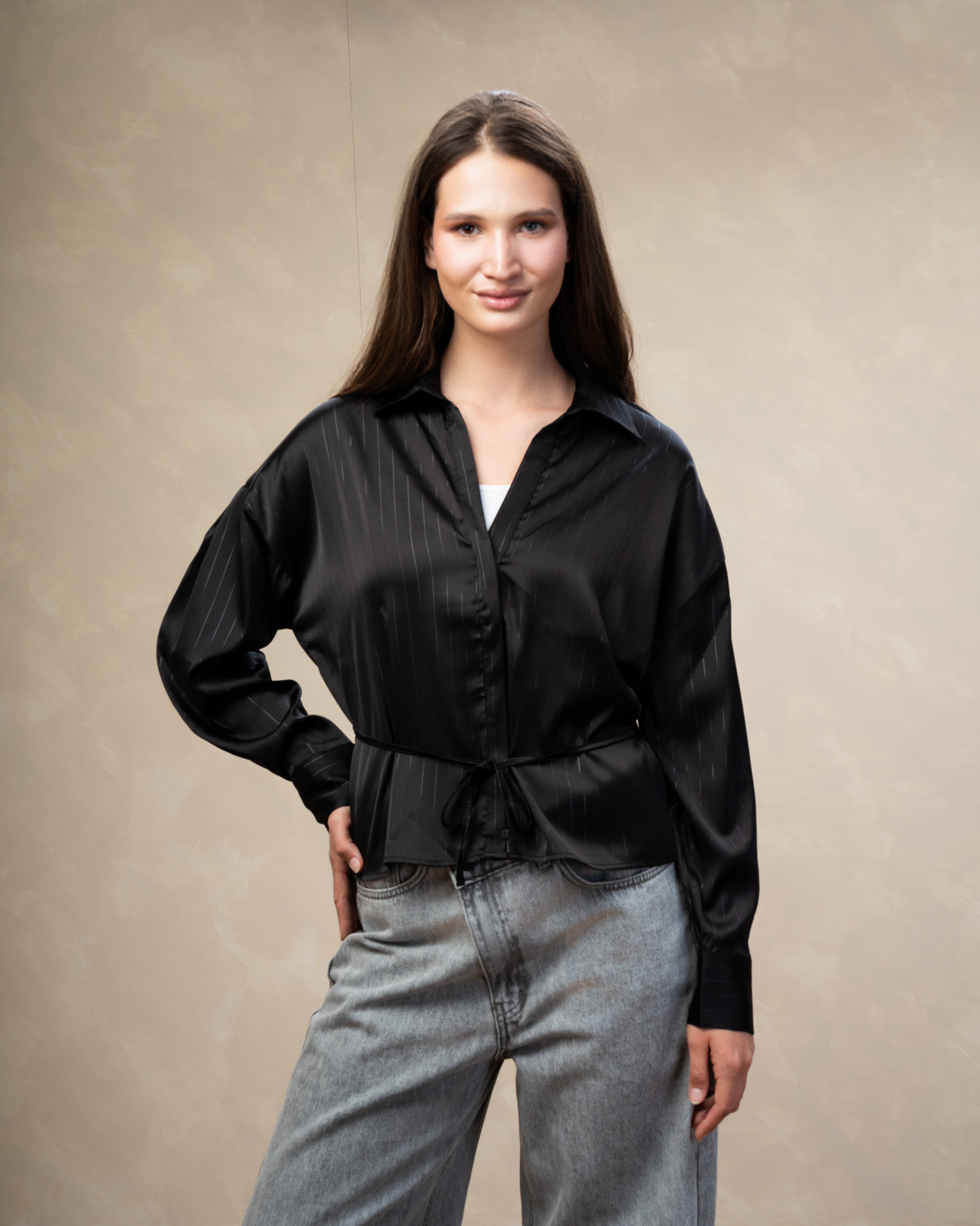 Short Striped Satin Shirt With - Double Button Sleeves