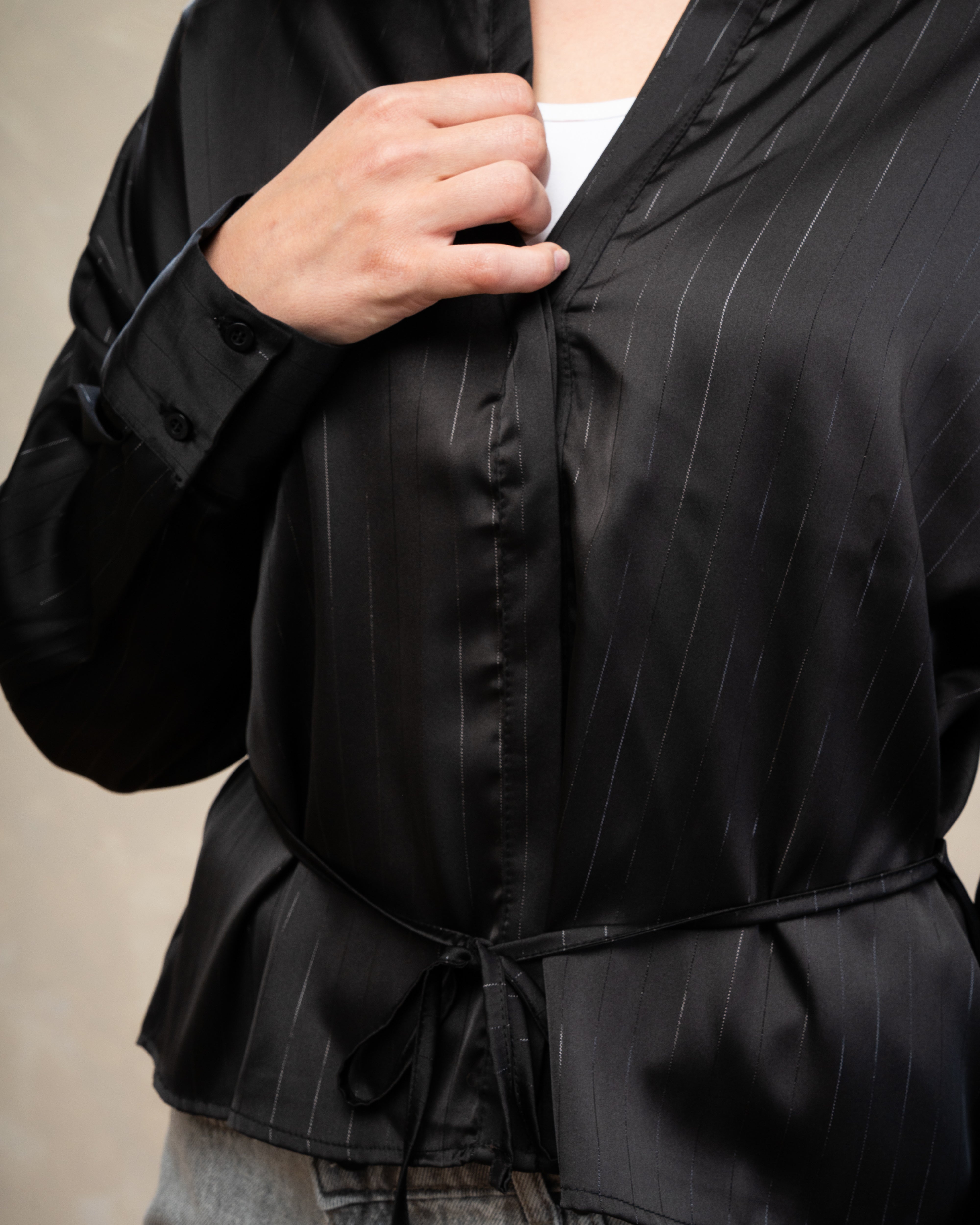 Short Striped Satin Shirt With - Double Button Sleeves