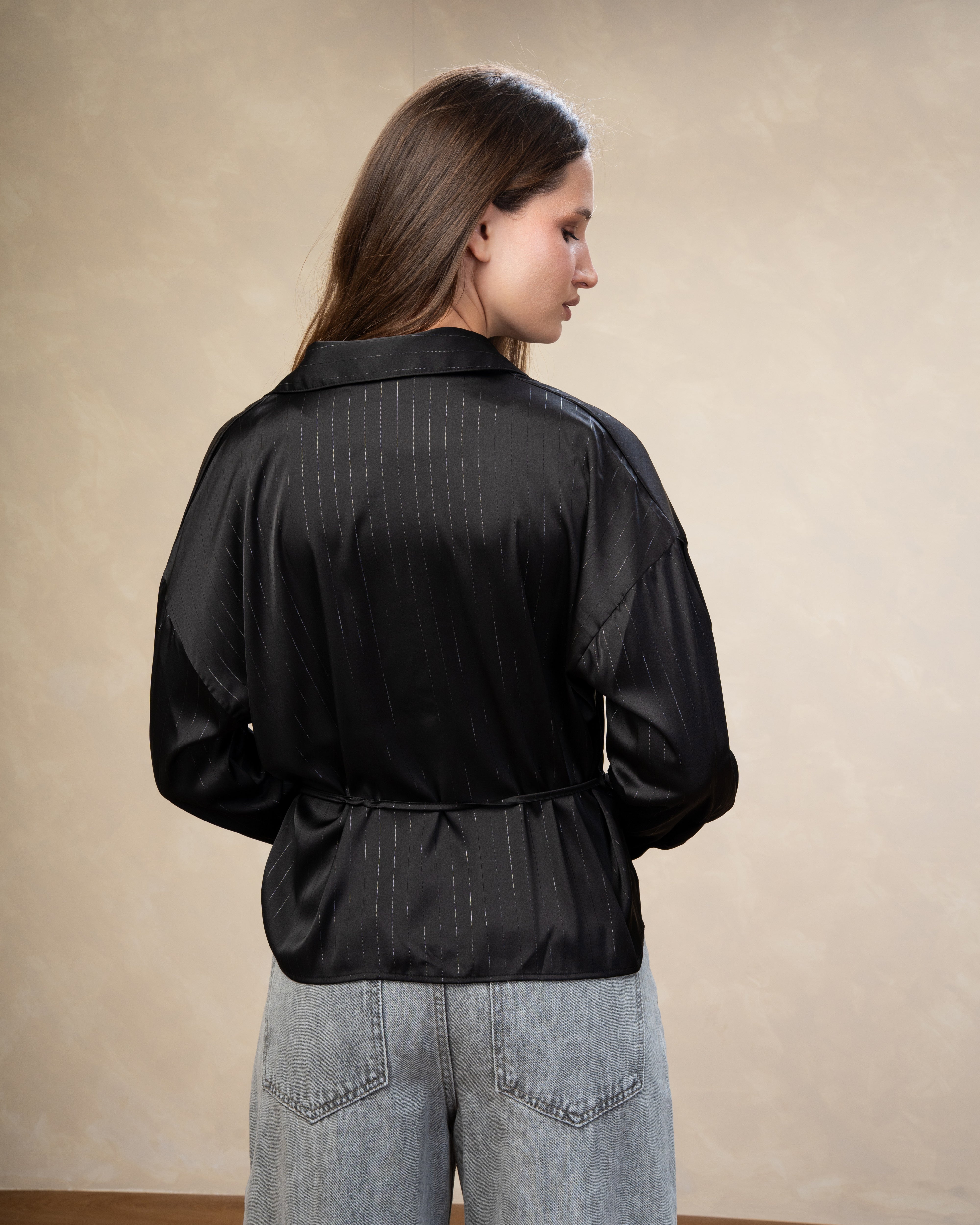 Short Striped Satin Shirt With - Double Button Sleeves