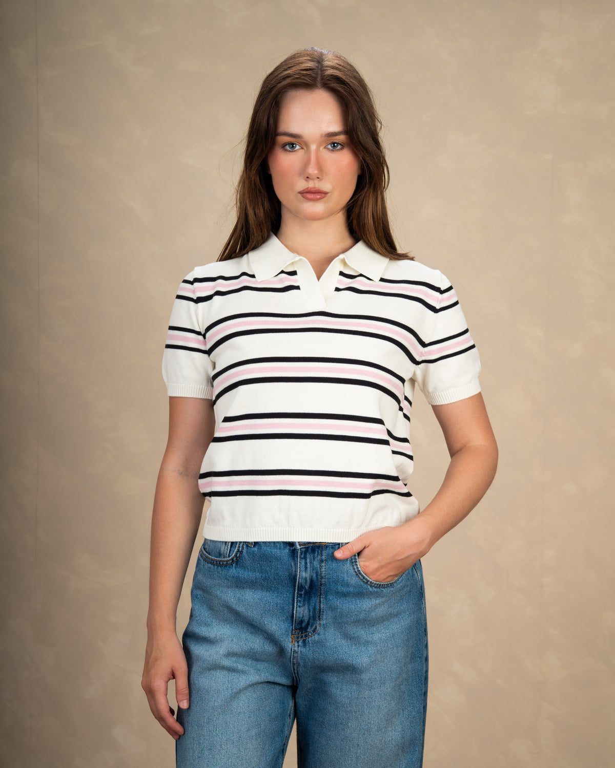 Basic Collared Top With Patterned Stripes