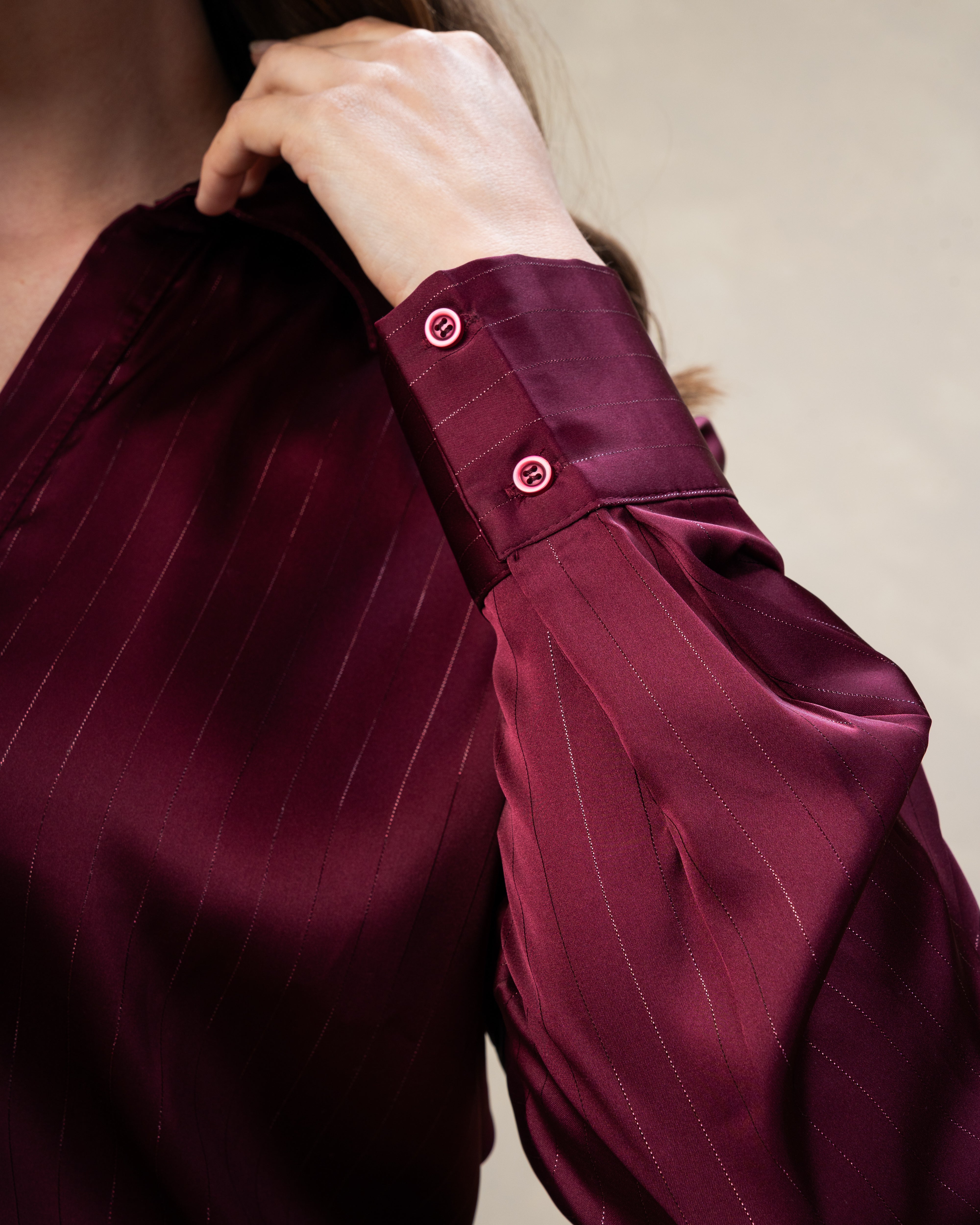 Short Striped Satin Shirt With - Double Button Sleeves