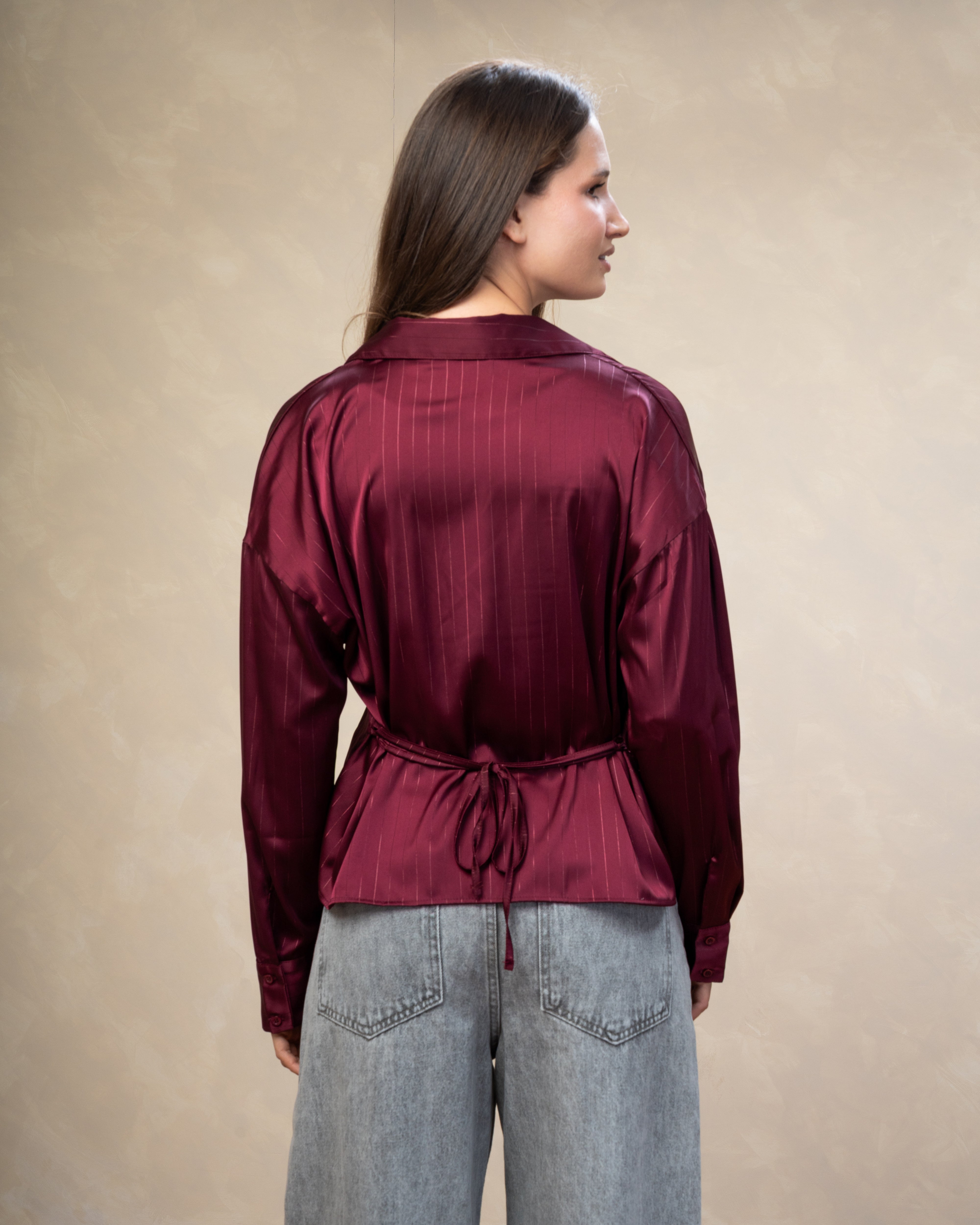 Short Striped Satin Shirt With - Double Button Sleeves