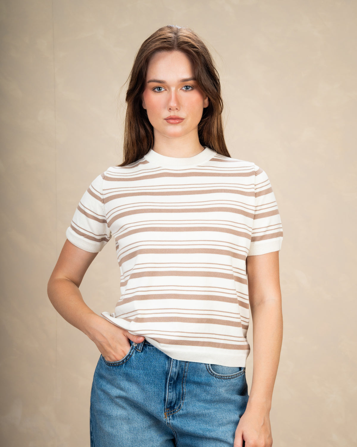 Basic Round Neck Top With Patterned Stripes
