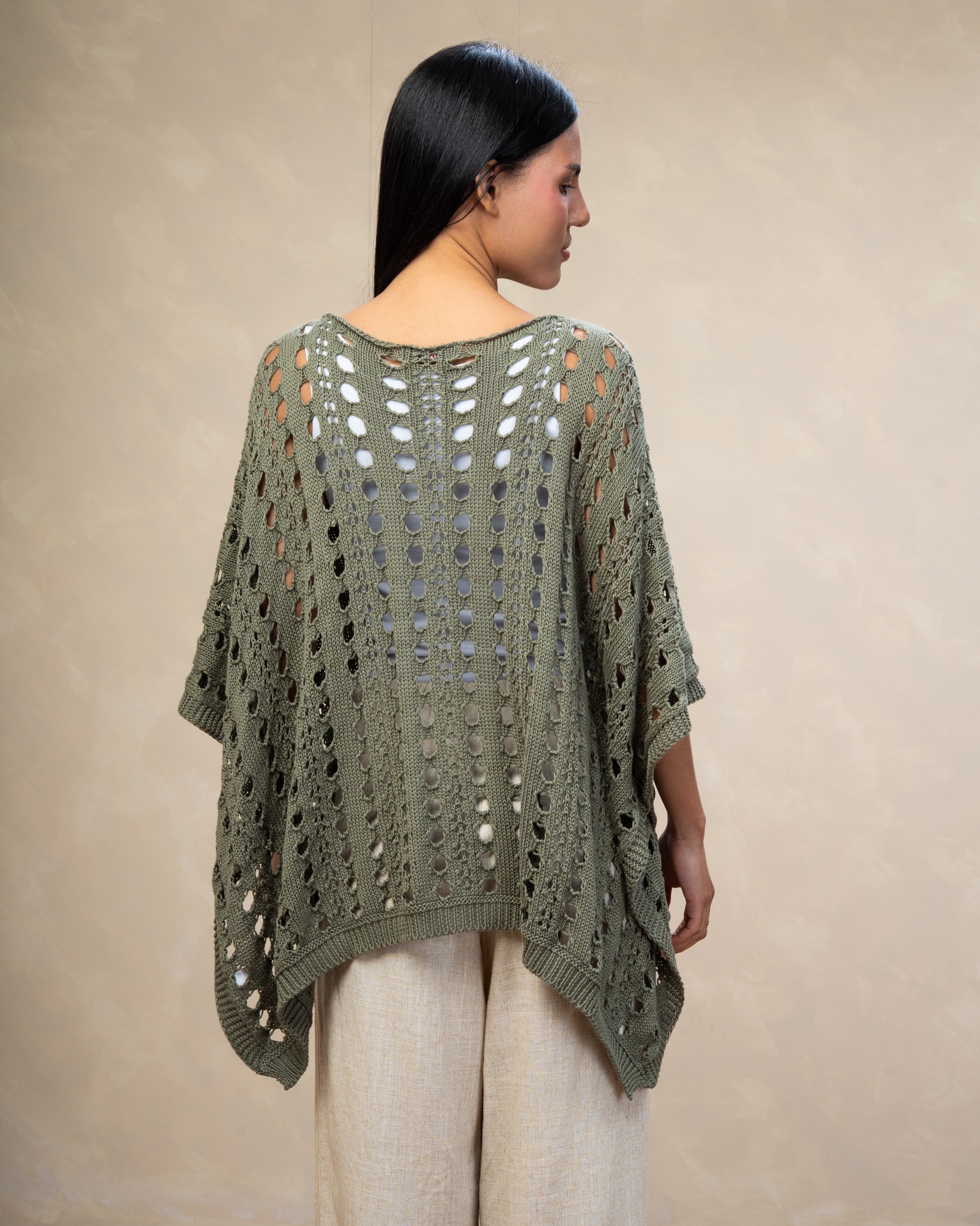 Open Knitwear Cardigan With Square Pattern And Tie