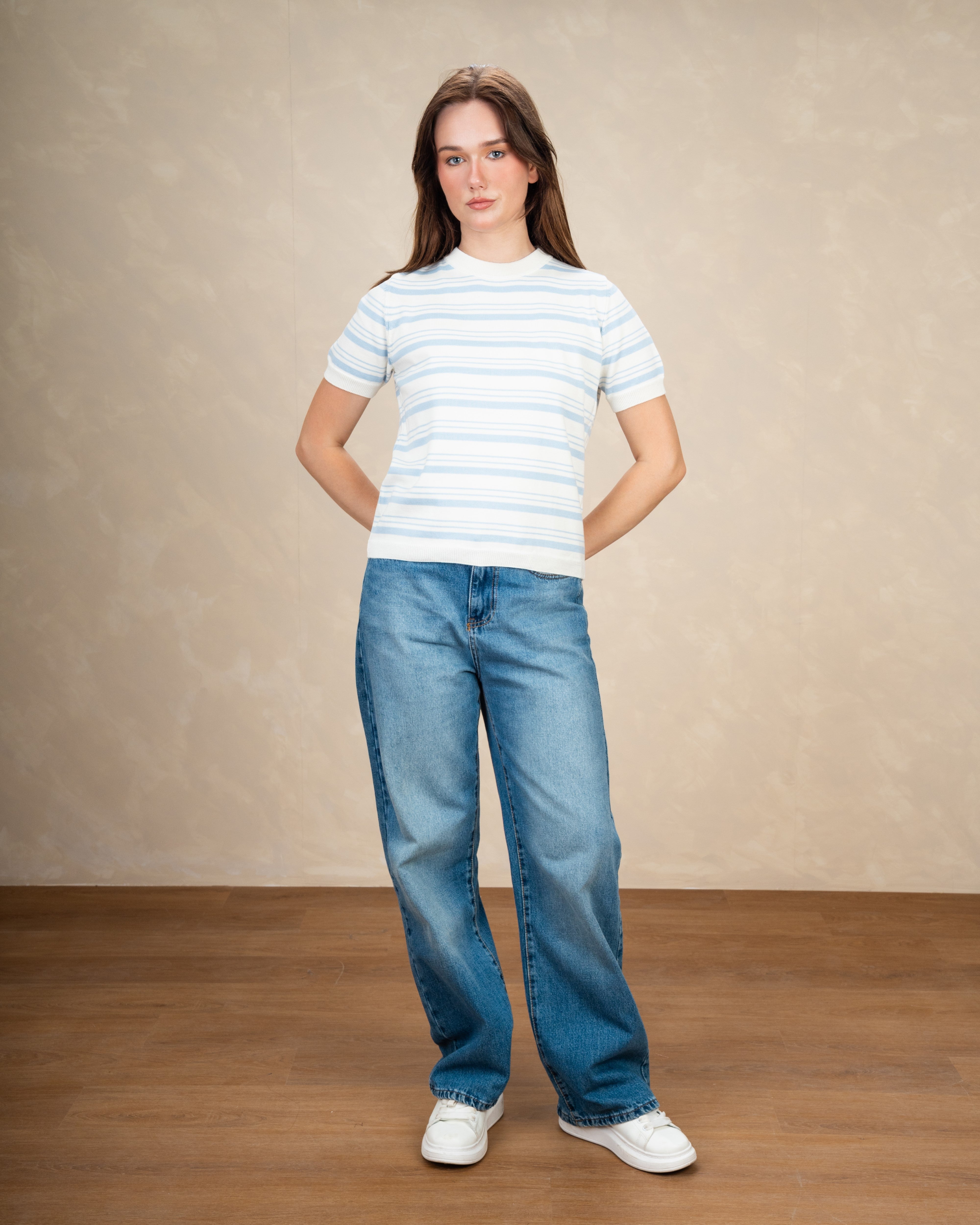 Basic Round Neck Top With Patterned Stripes